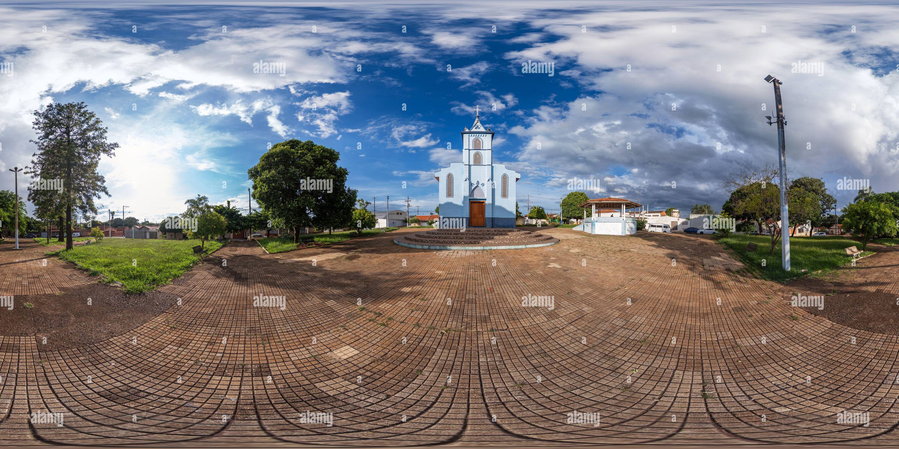 360 degree panoramic view of Bariri, Sao Paulo, Brazil - February 06, 2022 - Nossa Senhora do Livramento church, known as 'Igrejinha', in sunny day