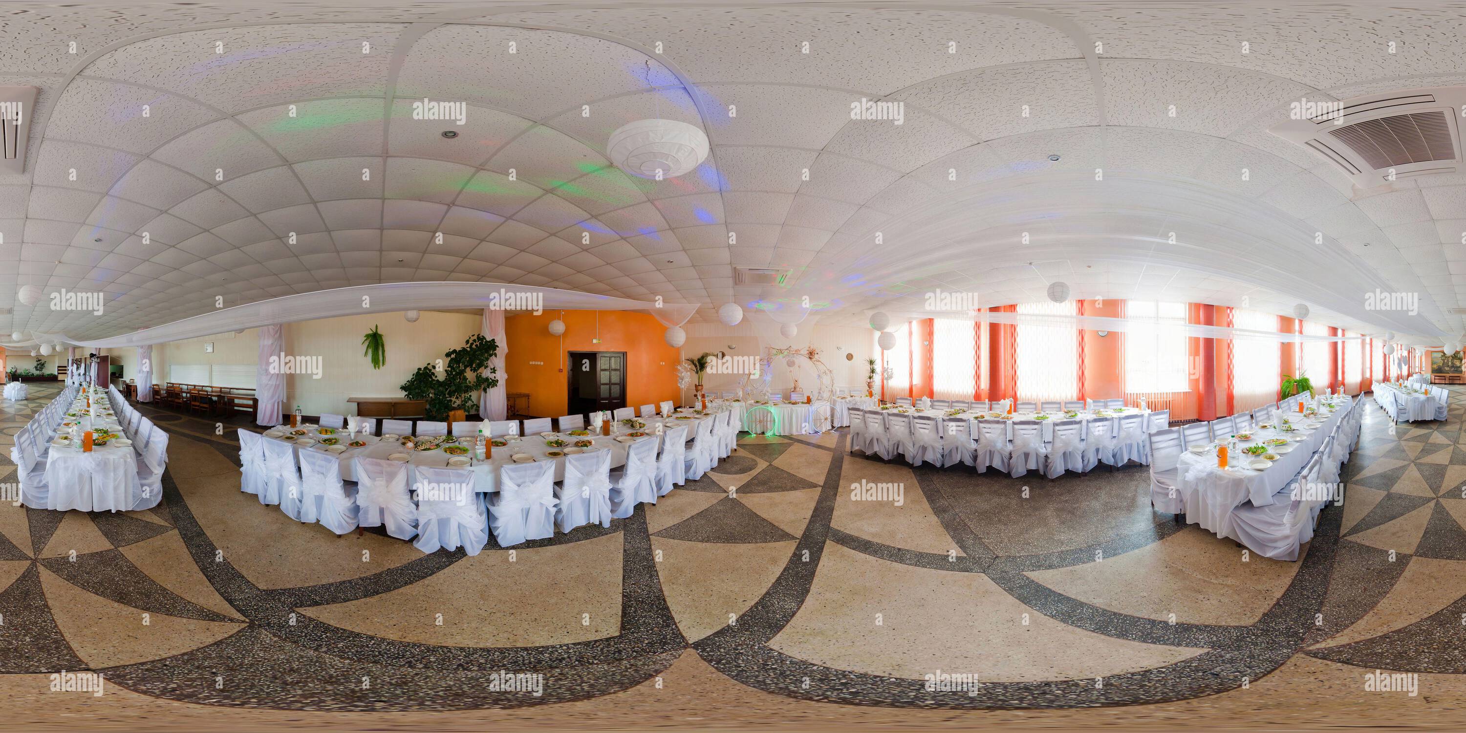 360° view of spherical hdr 360 panorama in interior of outdoor banquet hall with appliances in