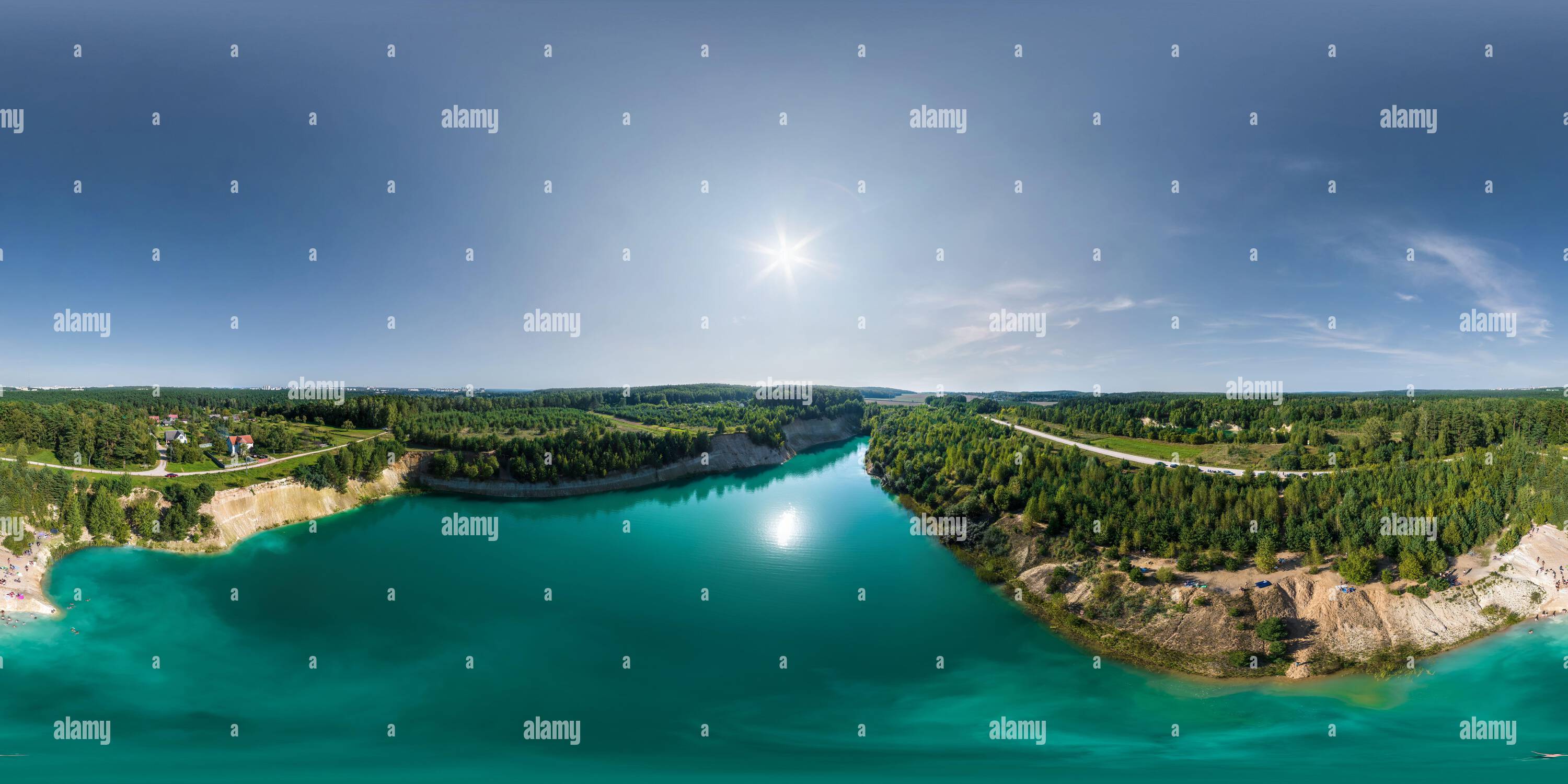 360 degree panoramic view of full seamless spherical hdri 360 panorama aerial view on chalkpit on limestone coast of quarry with turquoise water in equirectangular projection with