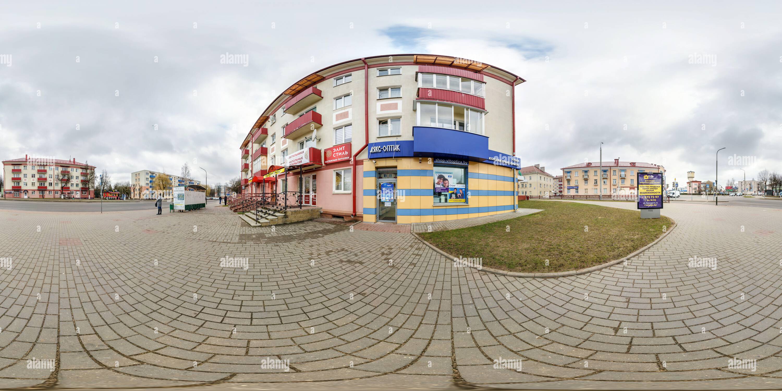 360 degree panoramic view of GRODNO, BELARUS - JULY 2021: full seamless spherical hdri panorama 360 view on crossroads street near multistory building area of urban development in