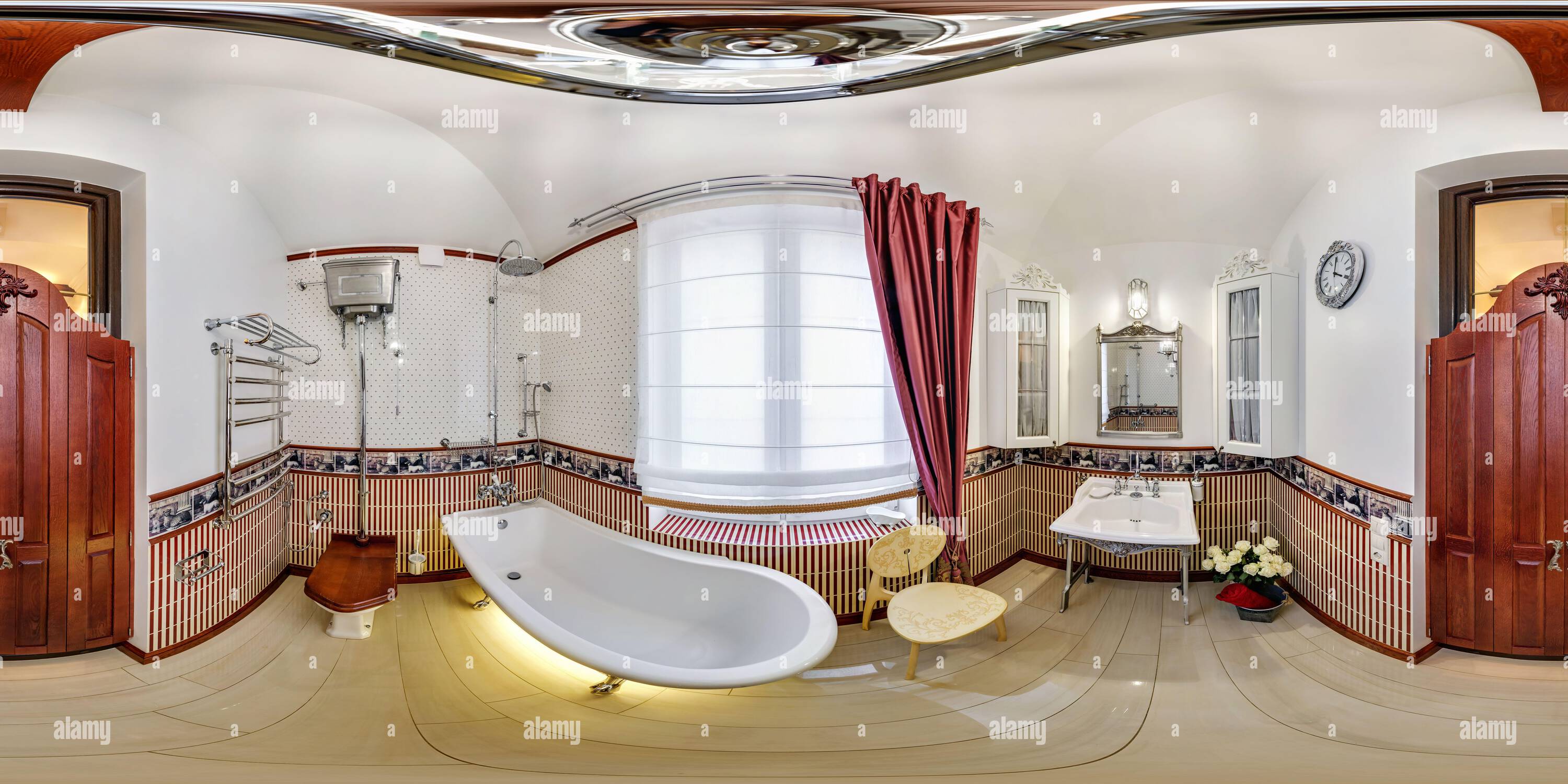 360 degree panoramic view of seamless hdri 360 panorama in interior of expensive vintage bathroom in modern flat apartments with washbasin in equirectangular projection with zenit