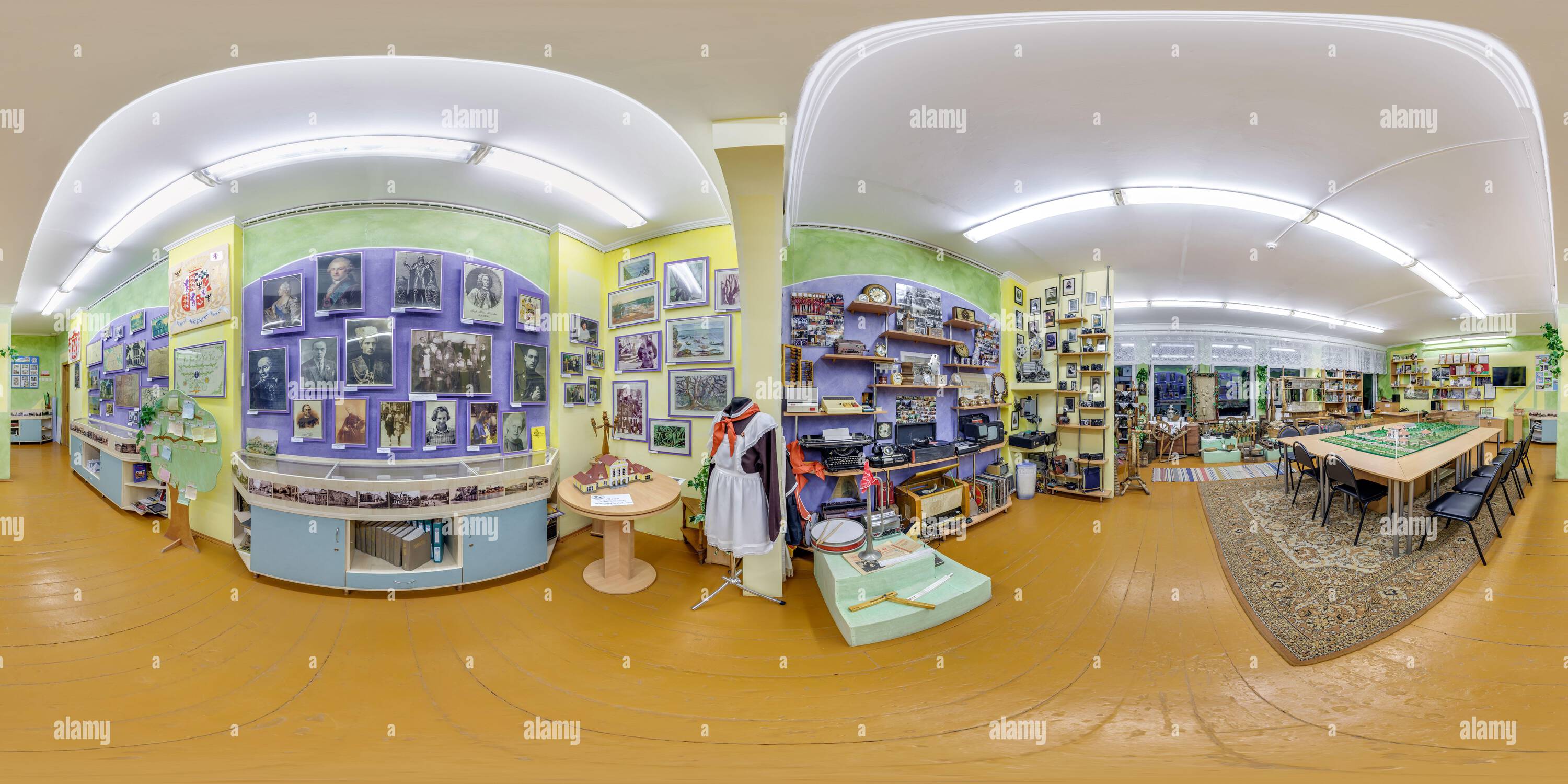 360 degree panoramic view of MINSK, BELARUS - MAY, 2022: Full 360 hdri spherical panorama view in interior small historical museum room in equirectangular equidistant projection.