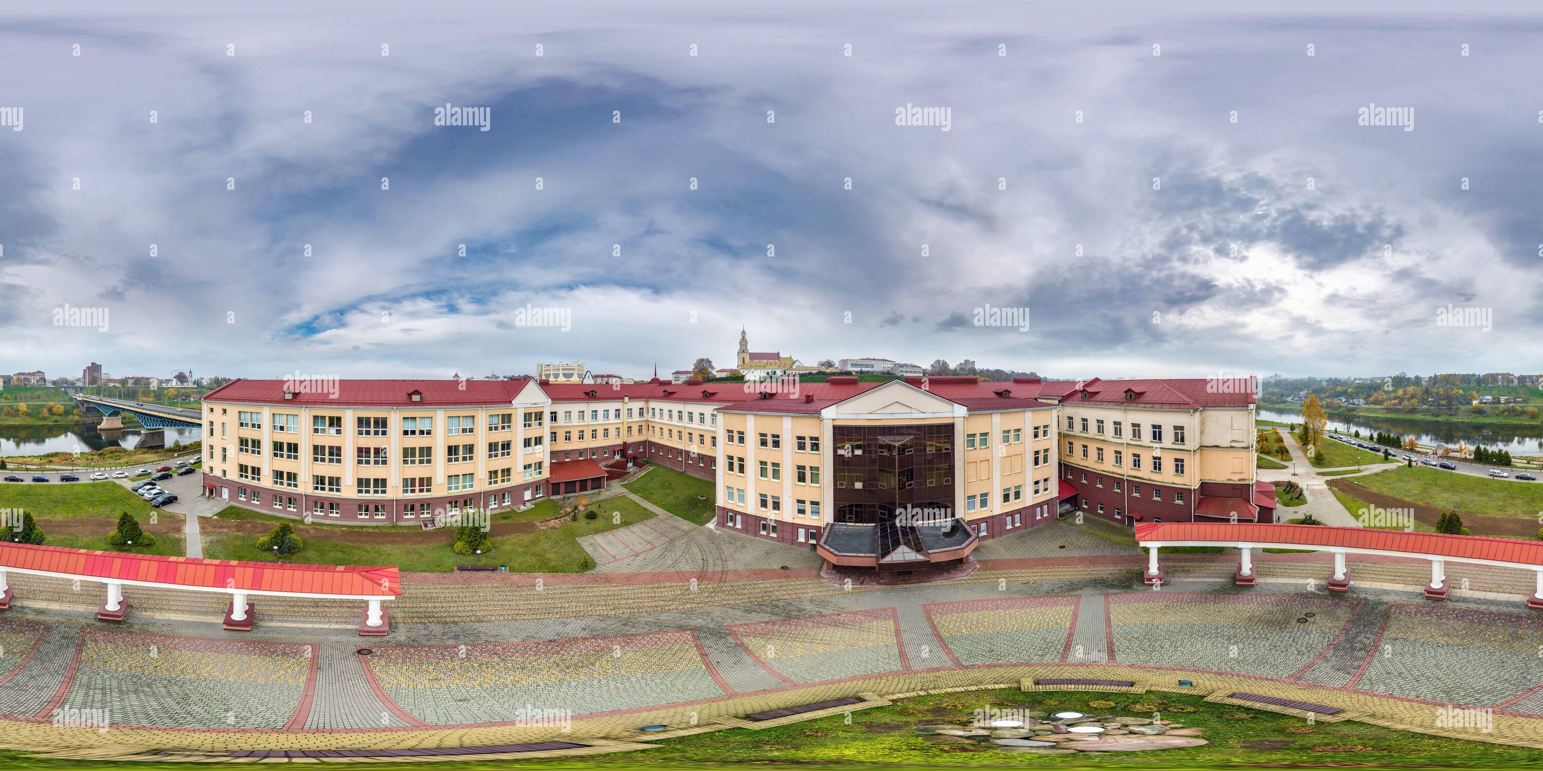 360 degree panoramic view of aerial full seamless spherical hdri 360 panorama view above over a medieval castle with columns and historic buildings in equirectangular projection.