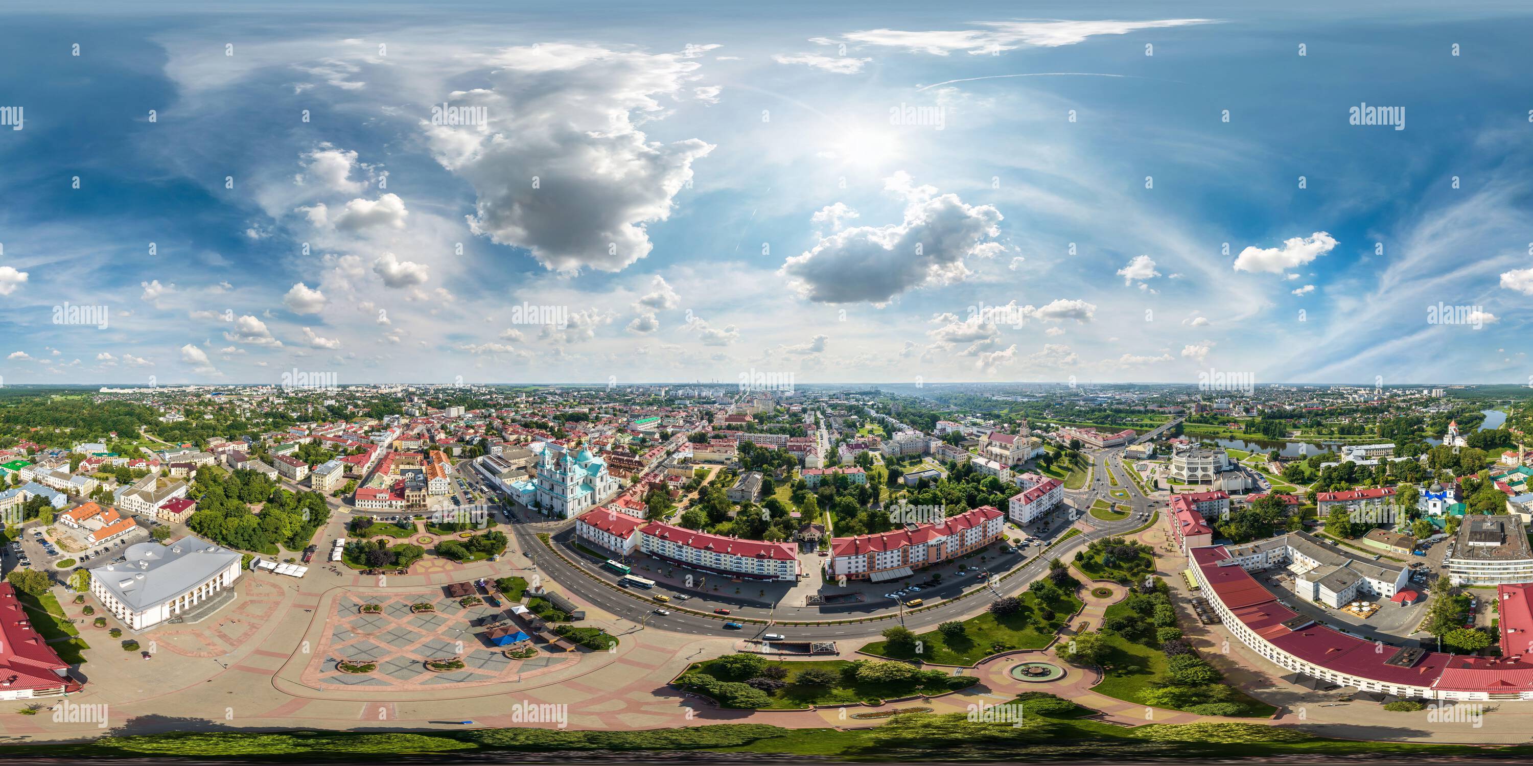 360 degree panoramic view of aerial full seamless spherical hdri 360 panorama view from great height on red roofs and square of historical center of old big city  in equirectangul