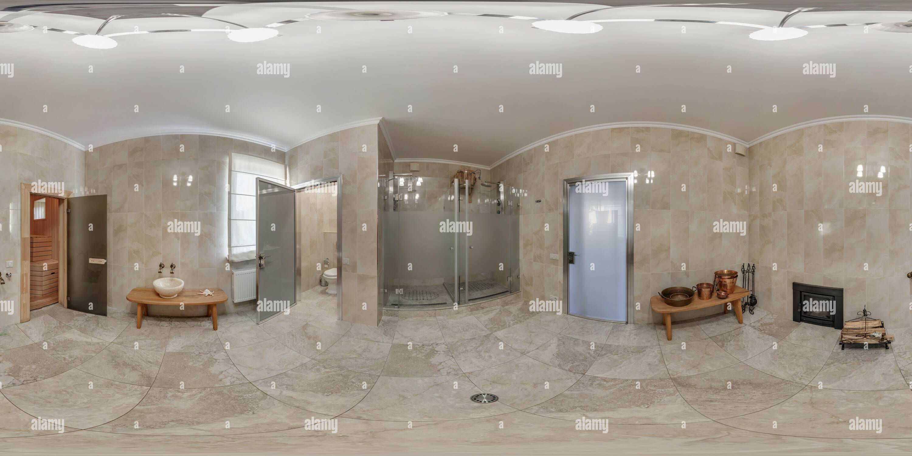 360 degree panoramic view of full seamless hdri 360 panorama view in interior of bathroom in modern flat loft apartments in equirectangular projection with zenith and nadir. VR AR