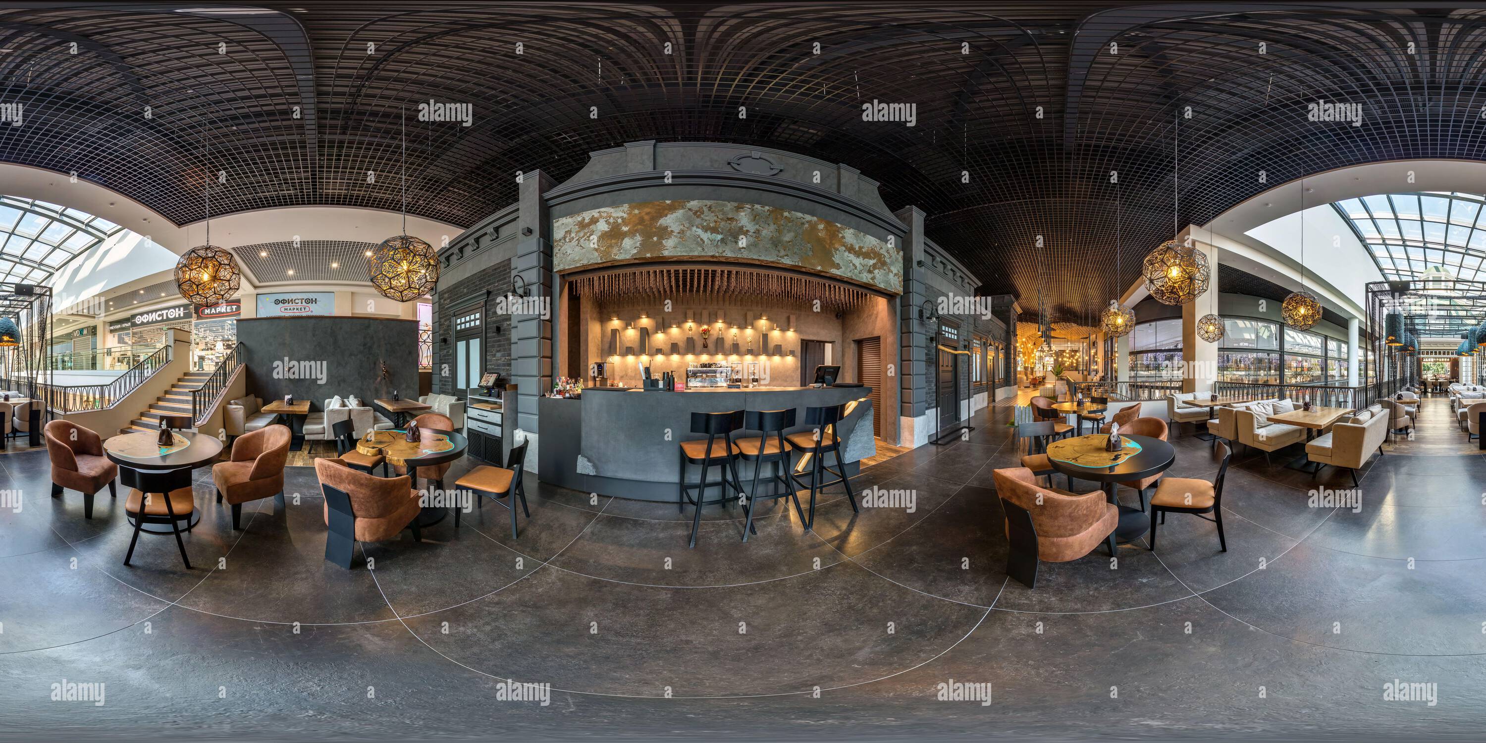 360 degree panoramic view of MINSK, BELARUS - AUGUST, 2022: full spherical hdri 360 panorama view in banquet hall with table and appliances in elite luxury restaurant equirectangu