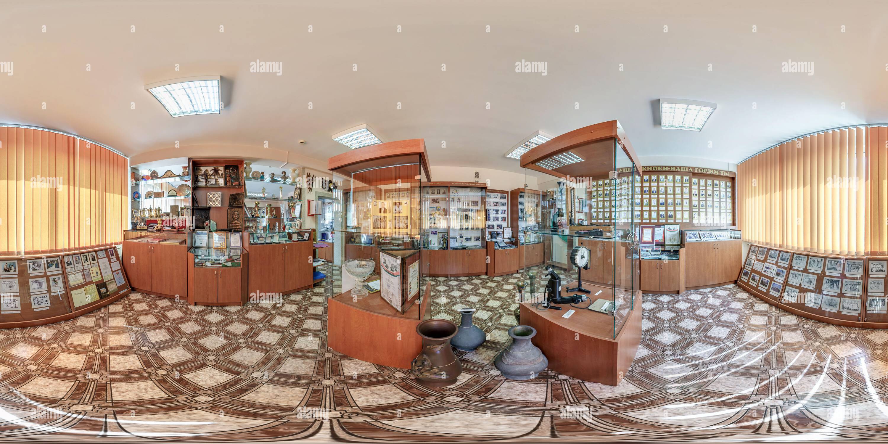 360 degree panoramic view of MINSK, BELARUS - MAY, 2022: Full seamless 360 hdri spherical panorama view in interior museum room in equirectangular equidistant projection. VR conte