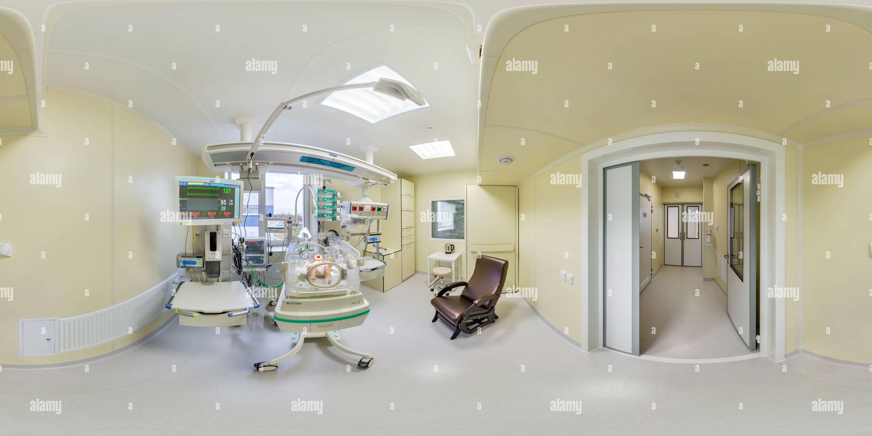 360 degree panoramic view of MOSCOW, RUSSIA - JUNE 2022: full hdri 360 panorama near infant incubator box in maternity ward of medical center hospital with modern equipment in den