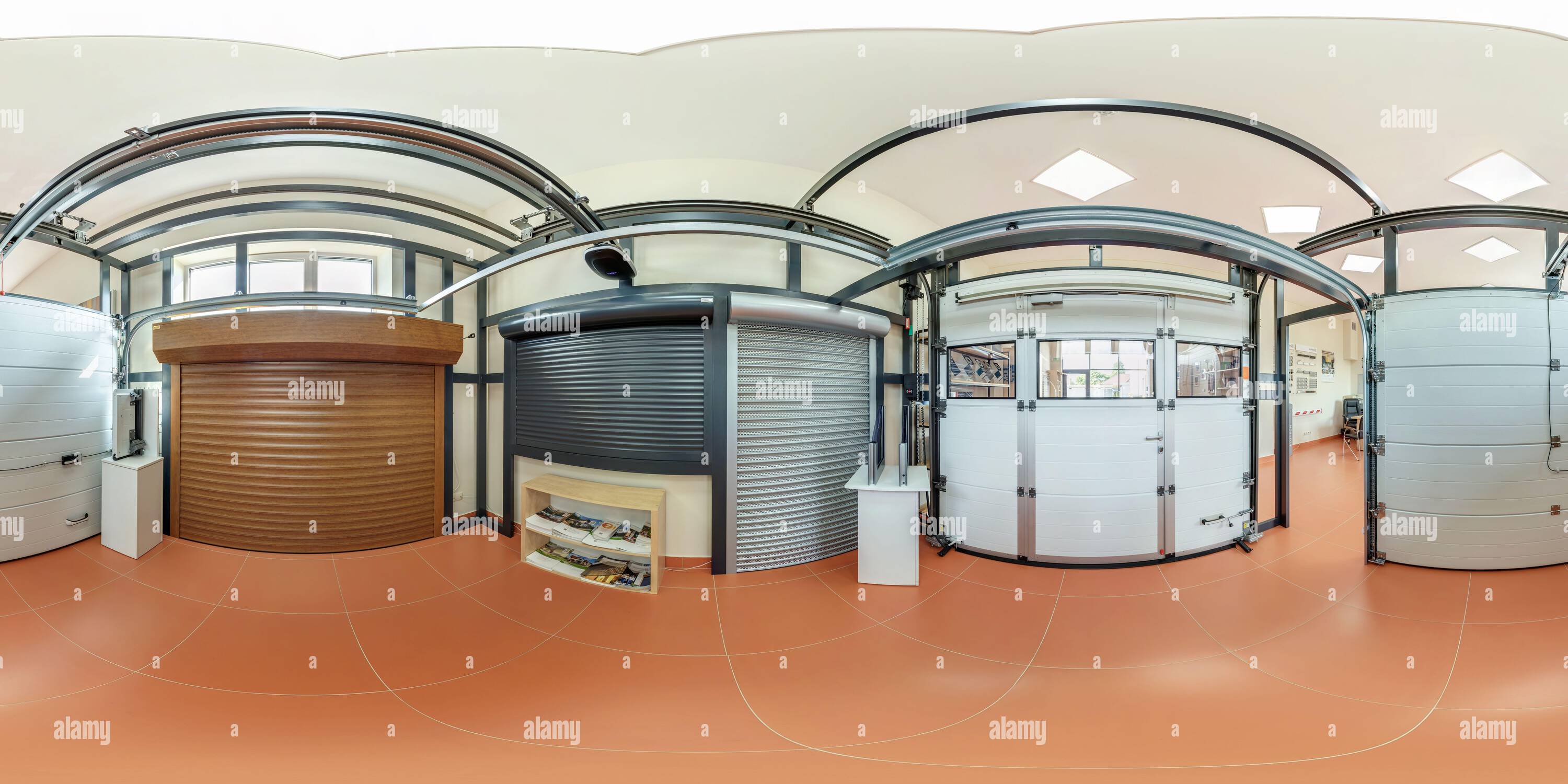 360 degree panoramic view of MINSK, BELARUS - SEPTEMBER, 2022: Full spherical seamless hdri panorama 360 degrees angle inside interior modern sliding gate shop in equirectangular