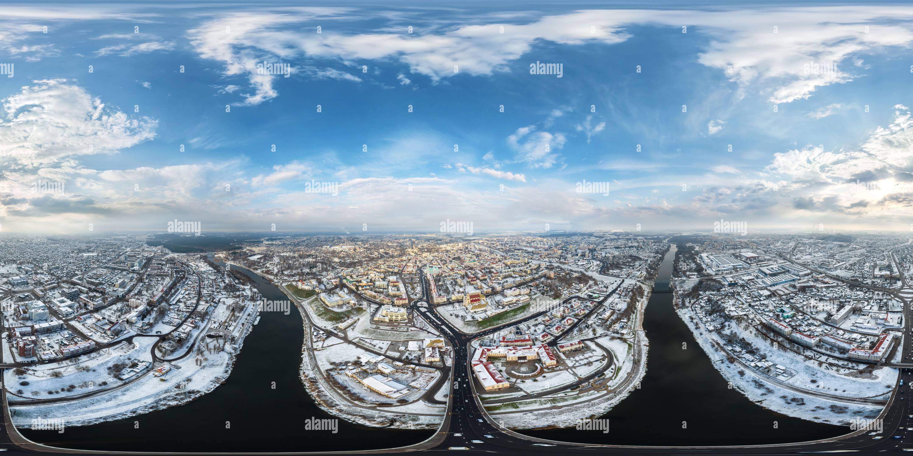 360 degree panoramic view of aerial full seamless spherical winter 360 hdri panorama view overlooking old town, urban development, historic buildings, crossroads with bridge acros