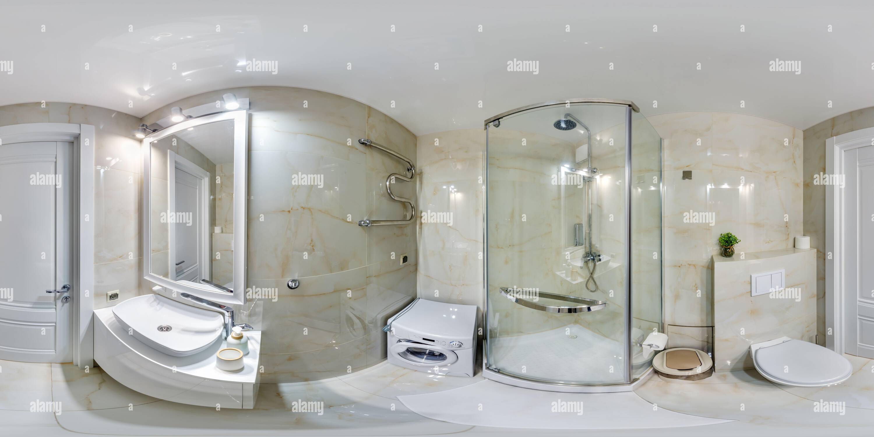 360 degree panoramic view of white seamless 360 hdri panorama in interior of expensive bathroom in modern flat apartments with washbasin in equirectangular projection with zenith