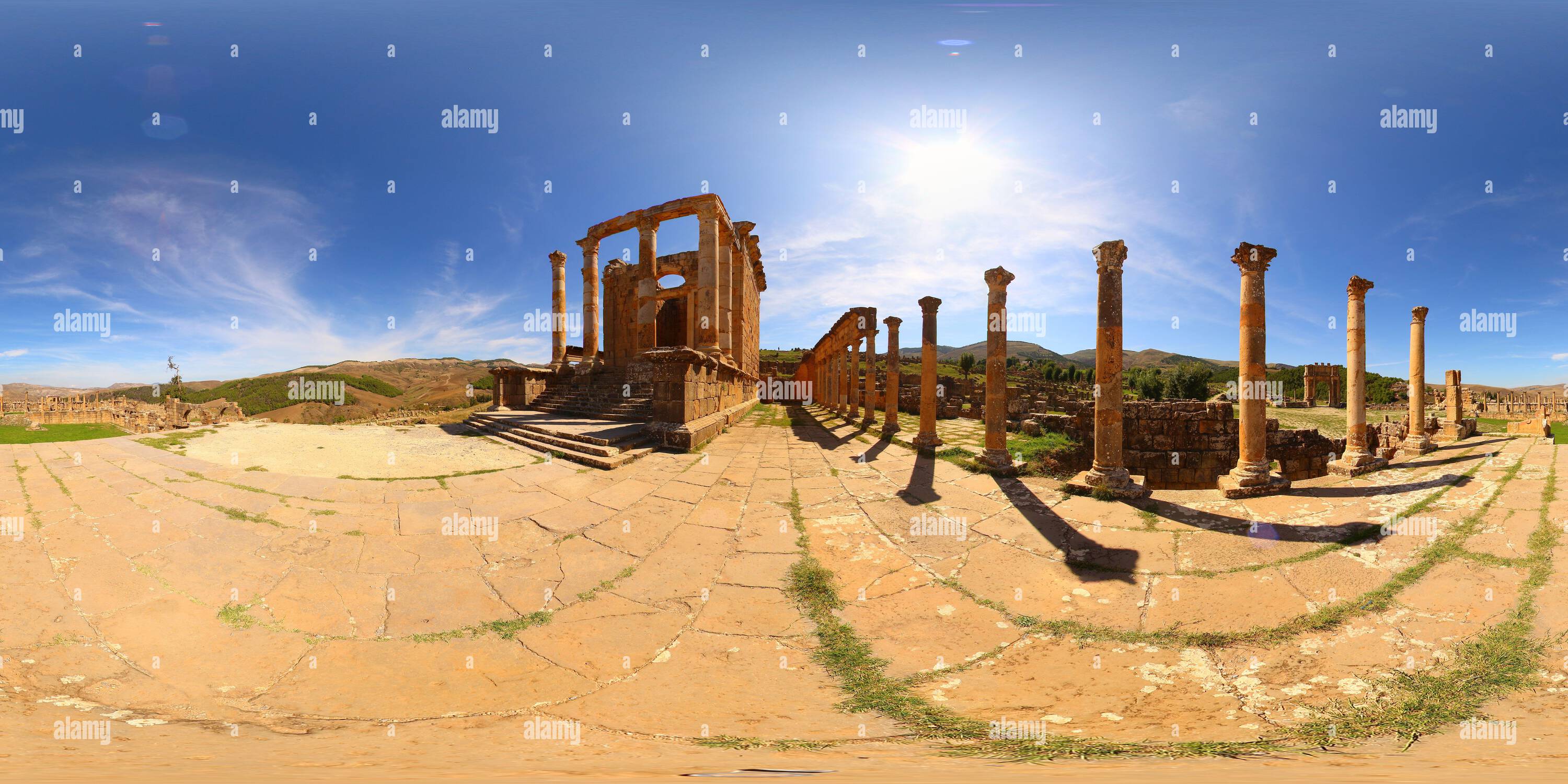 360 degree panoramic view of Roman ruins of Djemila, Algeria. Septimus Severus temple and esplanade.