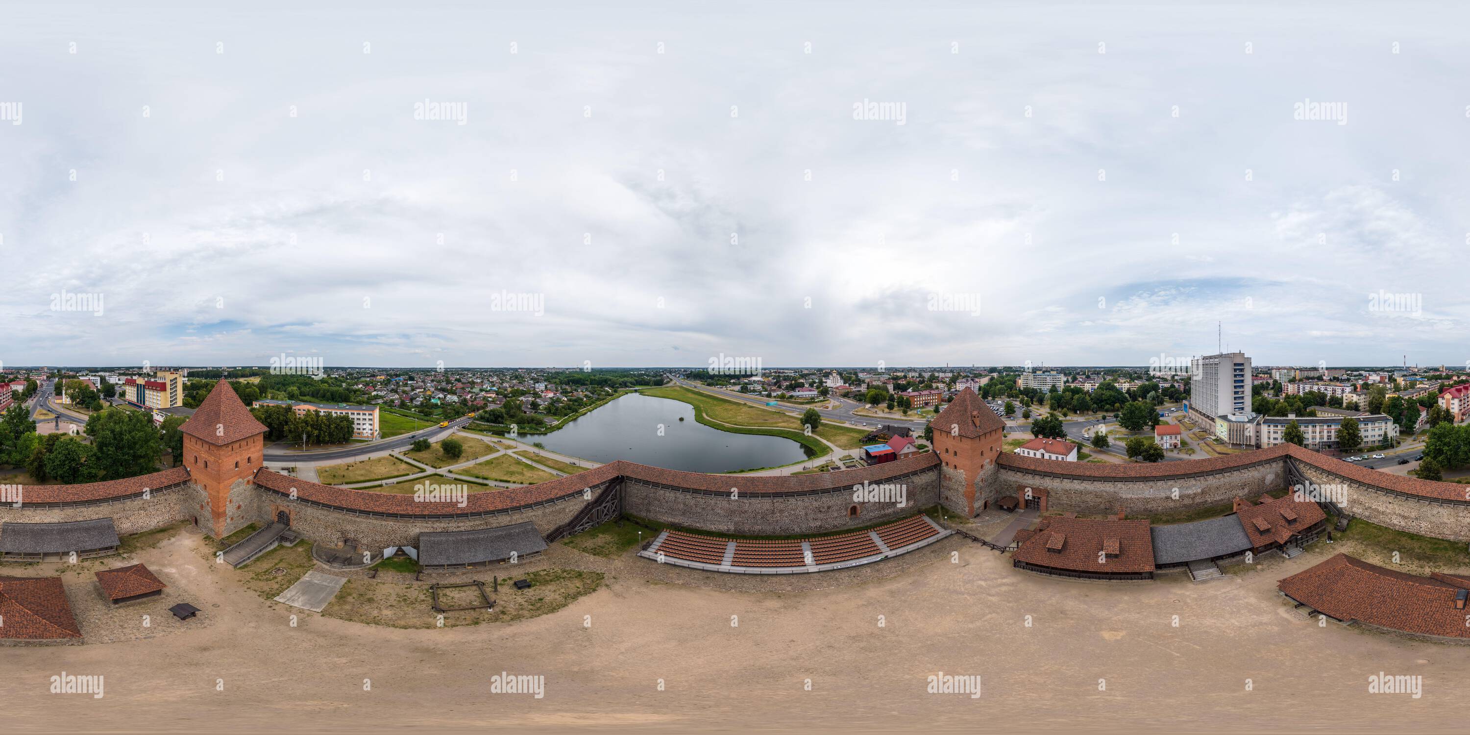 360 degree panoramic view of aerial full seamless spherical hdri 360 panorama view above over a medieval castle  and historic buildings in equirectangular projection. ,