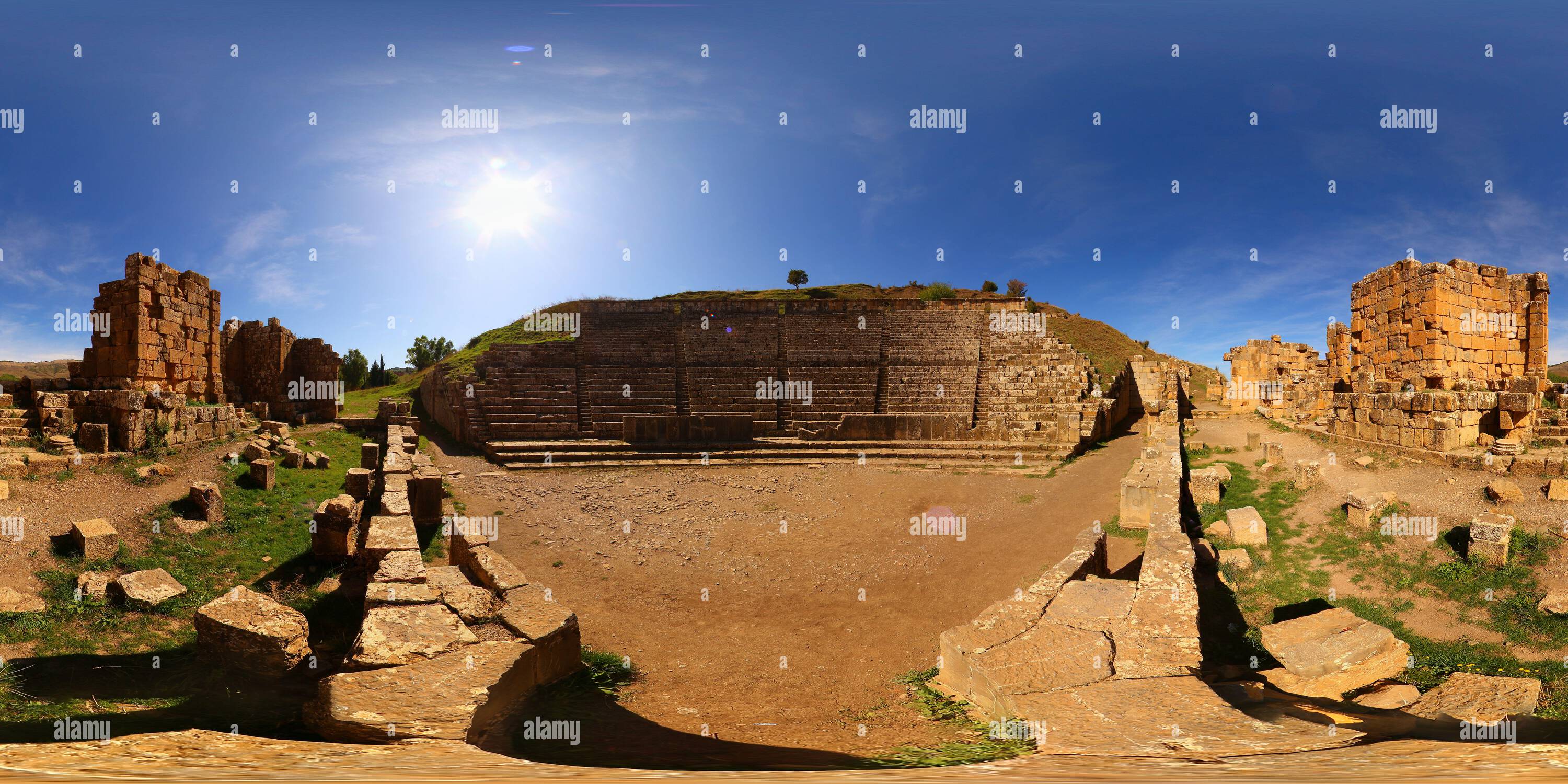 360 degree panoramic view of Roman ruins of Djemila, Algeria. Theater stage.