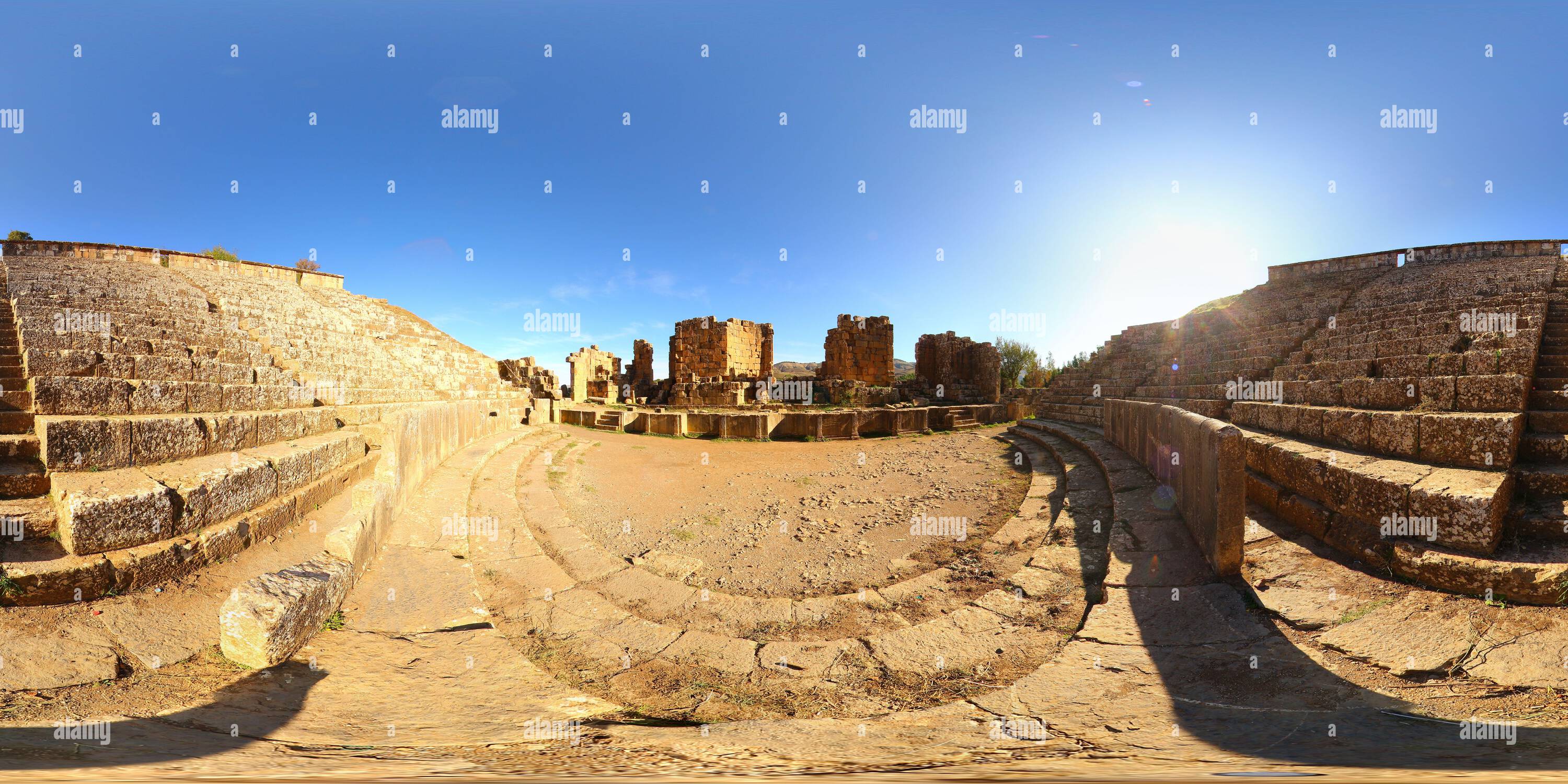 360 degree panoramic view of Roman ruins of Djemila, Algeria. Theater lower seating sections.