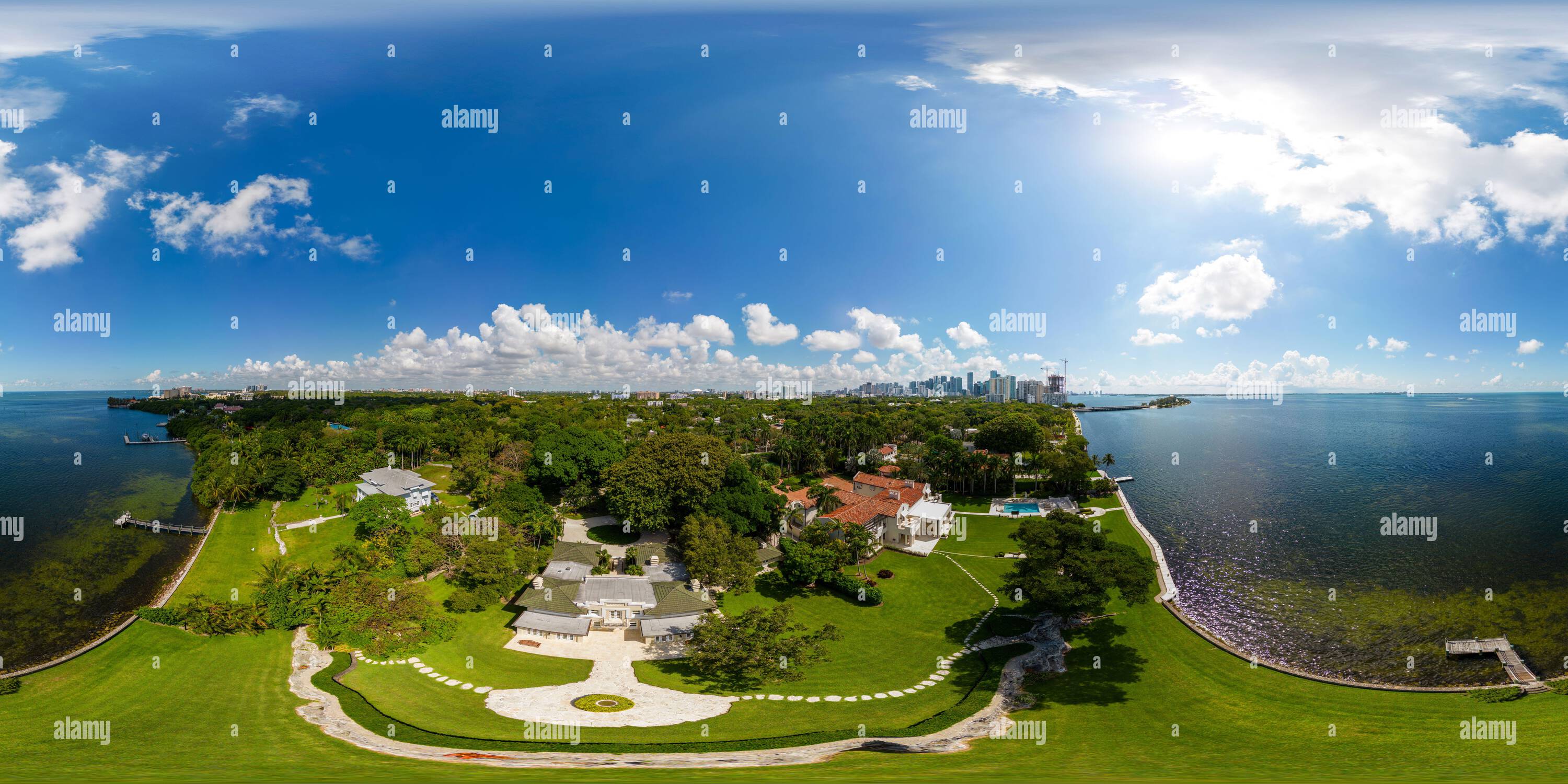 360 degree panoramic view of Aerial 360 vr equirectangular photo luxury mansion homes in Coconut Grove Florida