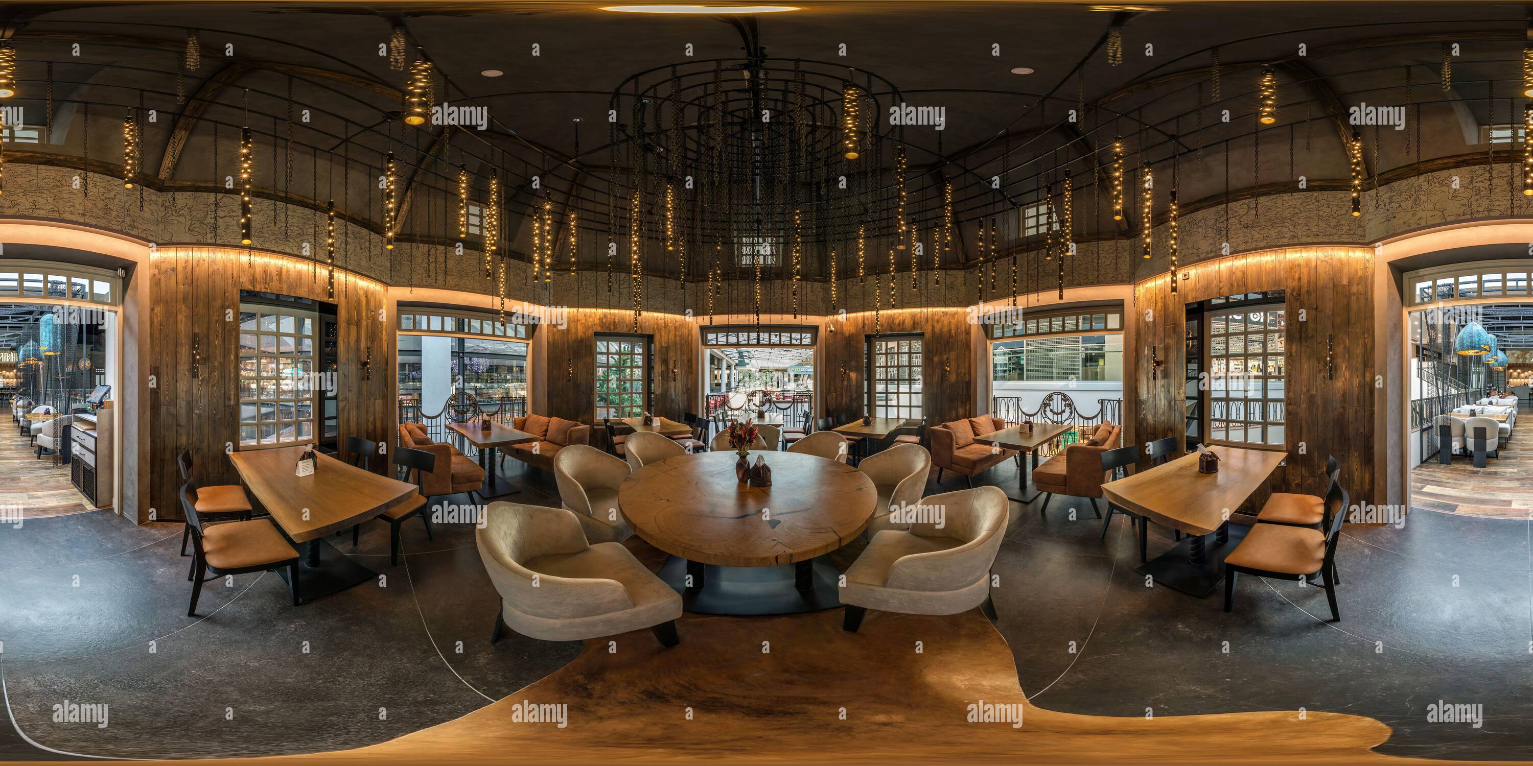 360 degree panoramic view of MINSK, BELARUS - AUGUST, 2022: full spherical hdri 360 panorama view in banquet hall with table and appliances in elite luxury restaurant equirectangu