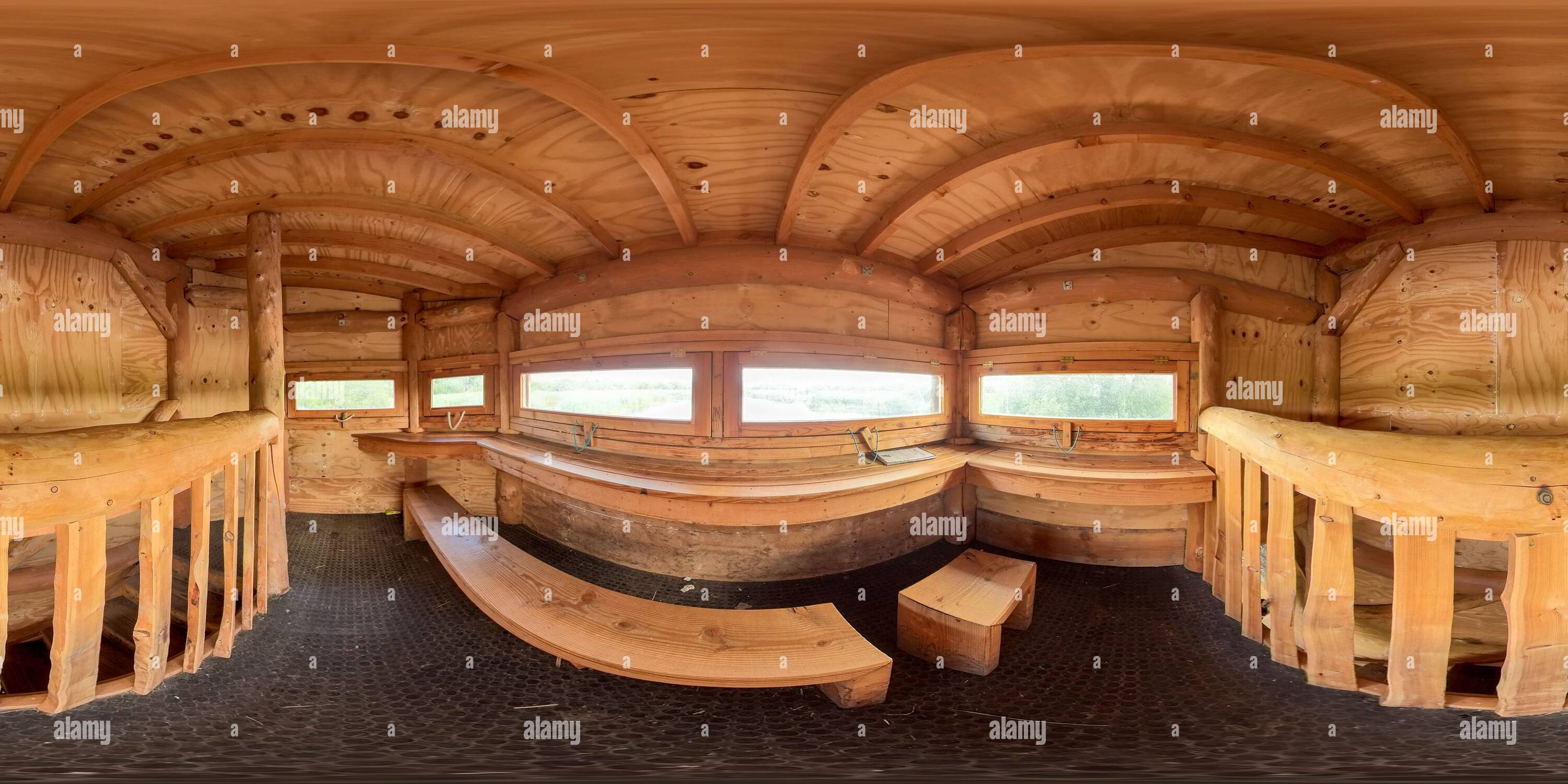 360 degree panoramic view of Interior of North Hide Upper Floor at Westhay Moor National Nature Reserve
