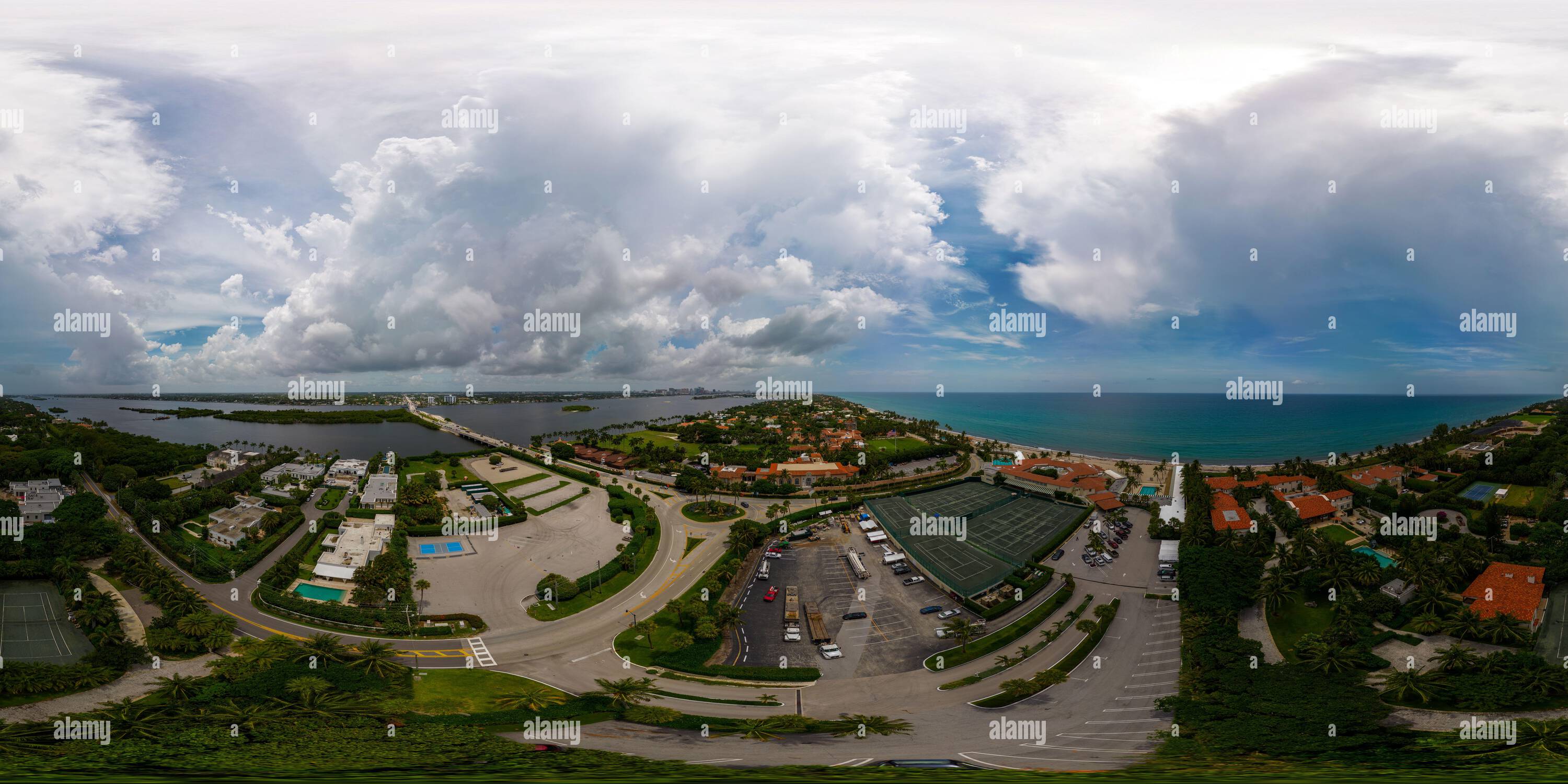 360 degree panoramic view of Palm Beach, FL, USA - June 24, 2023: Aerial 360 equirectangular photo Mar A Lago Palm Beach circa 2023
