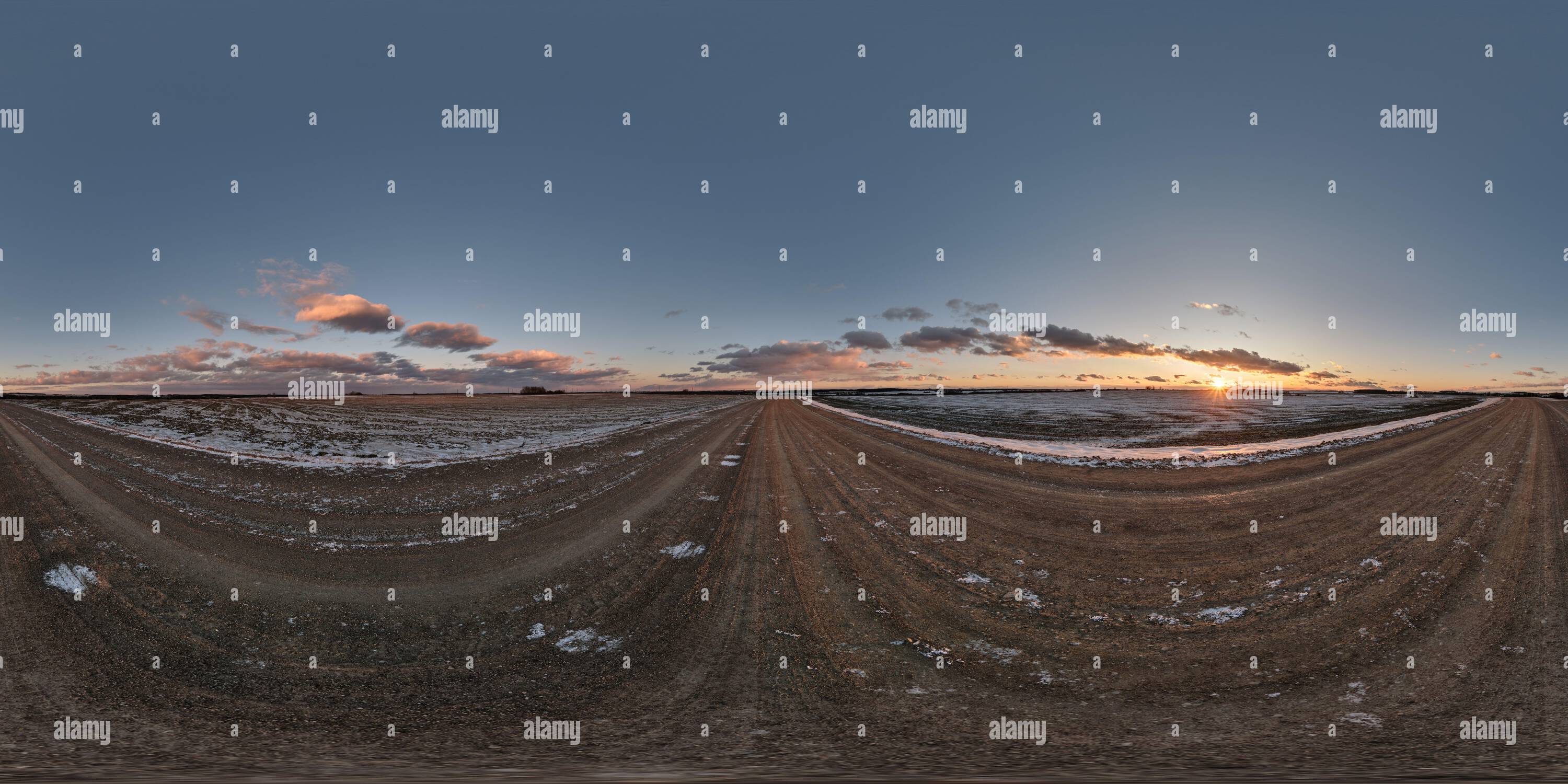360° view of 360 hdri panorama near asphalt road with evening clouds on ...