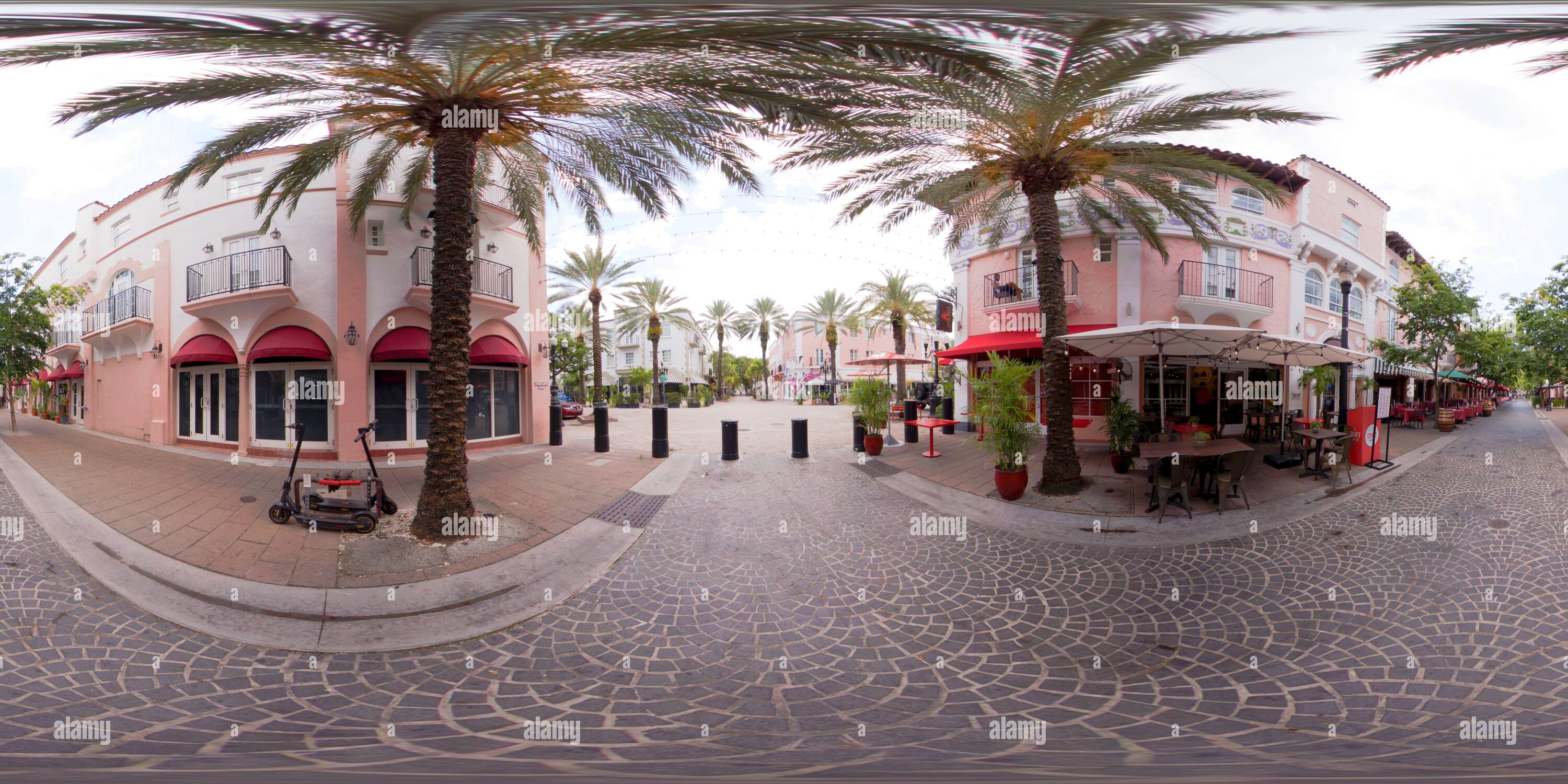 360 degree panoramic view of Miami Beach, FL, USA - June 29, 2023: 360 photo Espnola Way restaurants tourist destination hotspot