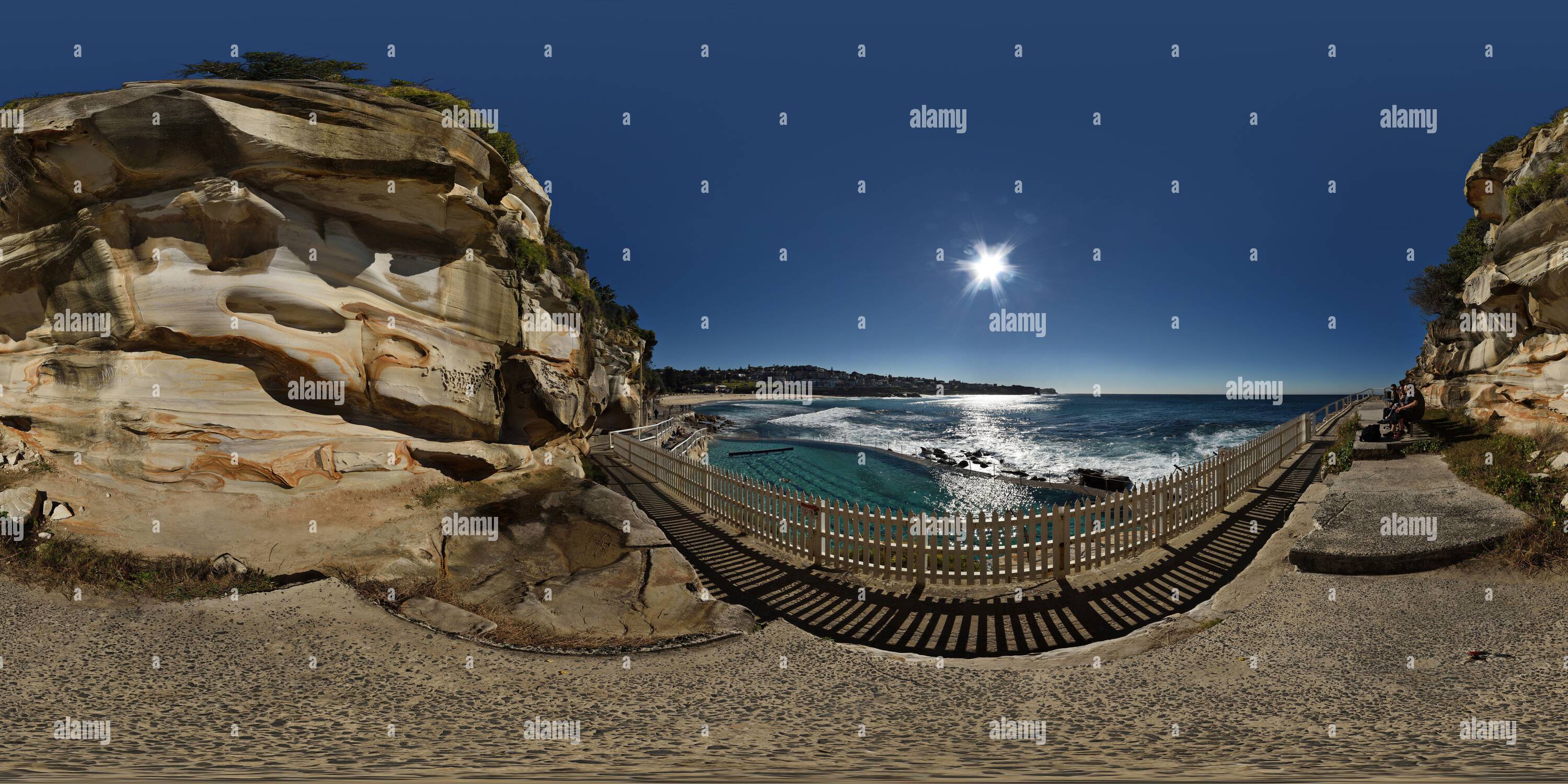 360 degree panoramic view of 360° Panorama of Bronte Baths Ocean pool, on a sunny winters day,  Sydney, Australia