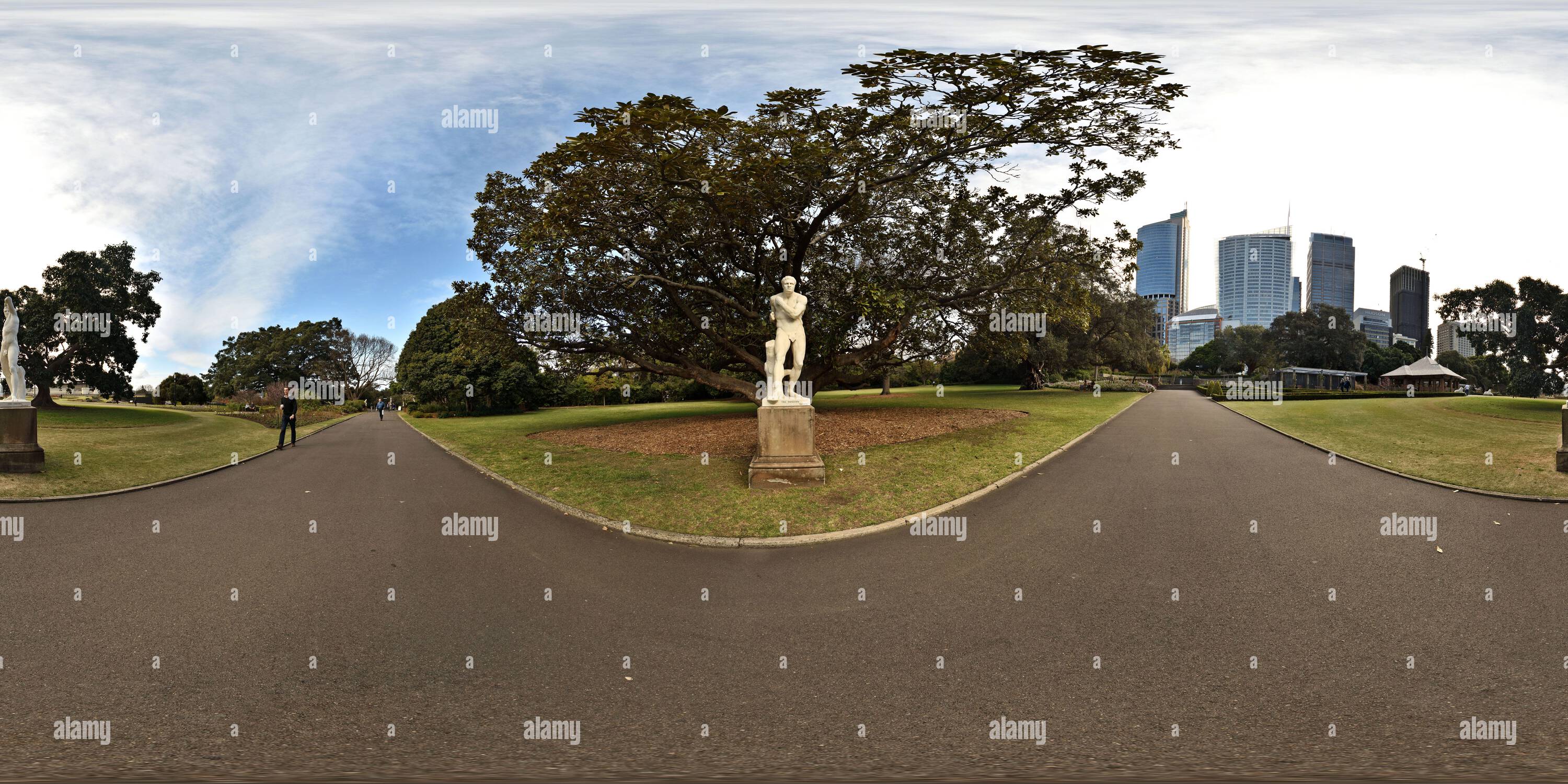 360 degree panoramic view of 360° Panorama of The Boxers Statues and the Sydney Skyline from the Royal Botanical Gardens