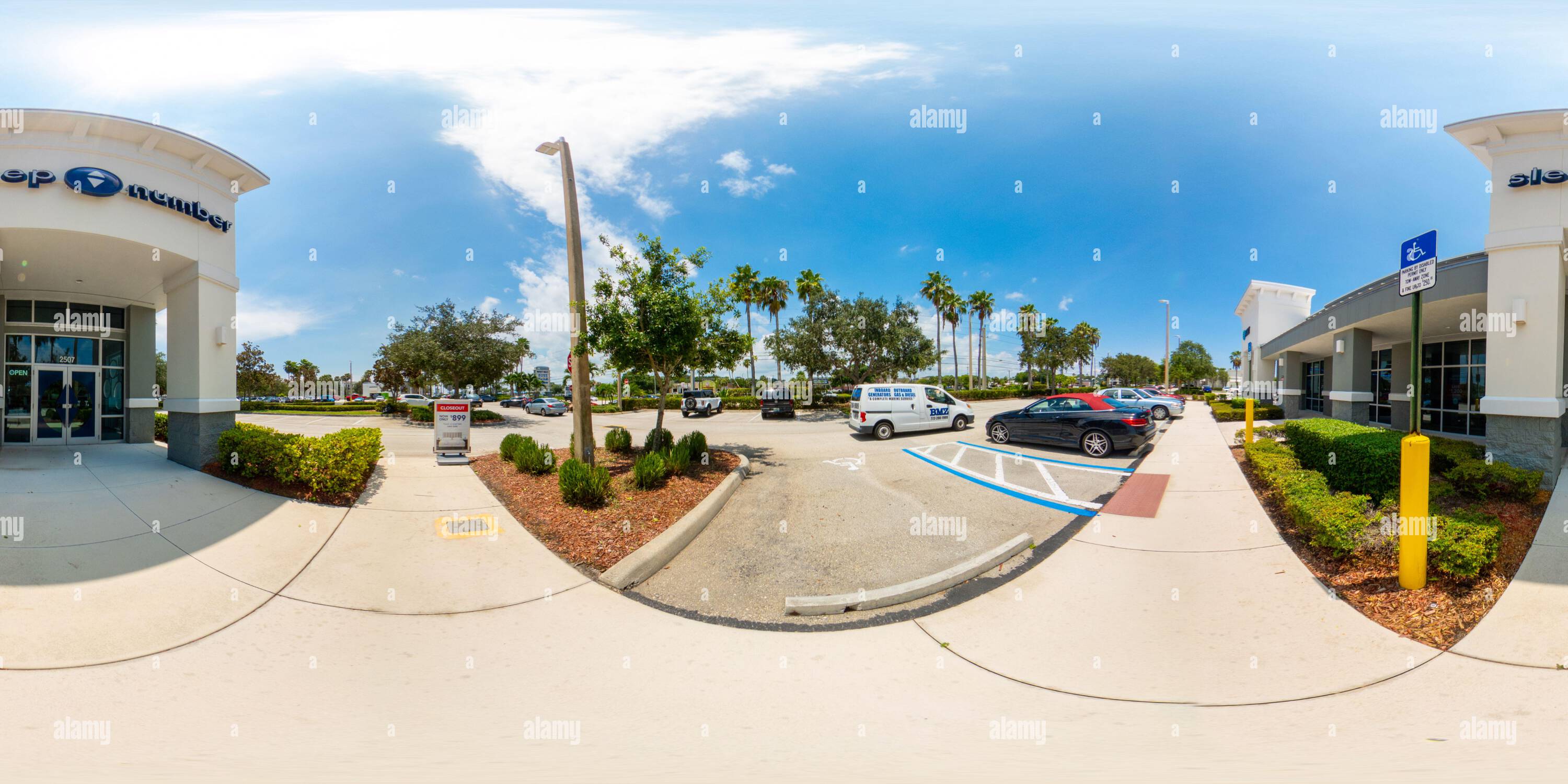 360 degree panoramic view of Stuart, FL, USA - July 1, 2023: 360 equirectangular vr photo of Sleep Number bed store at Pineapple Commons Stuart Florida