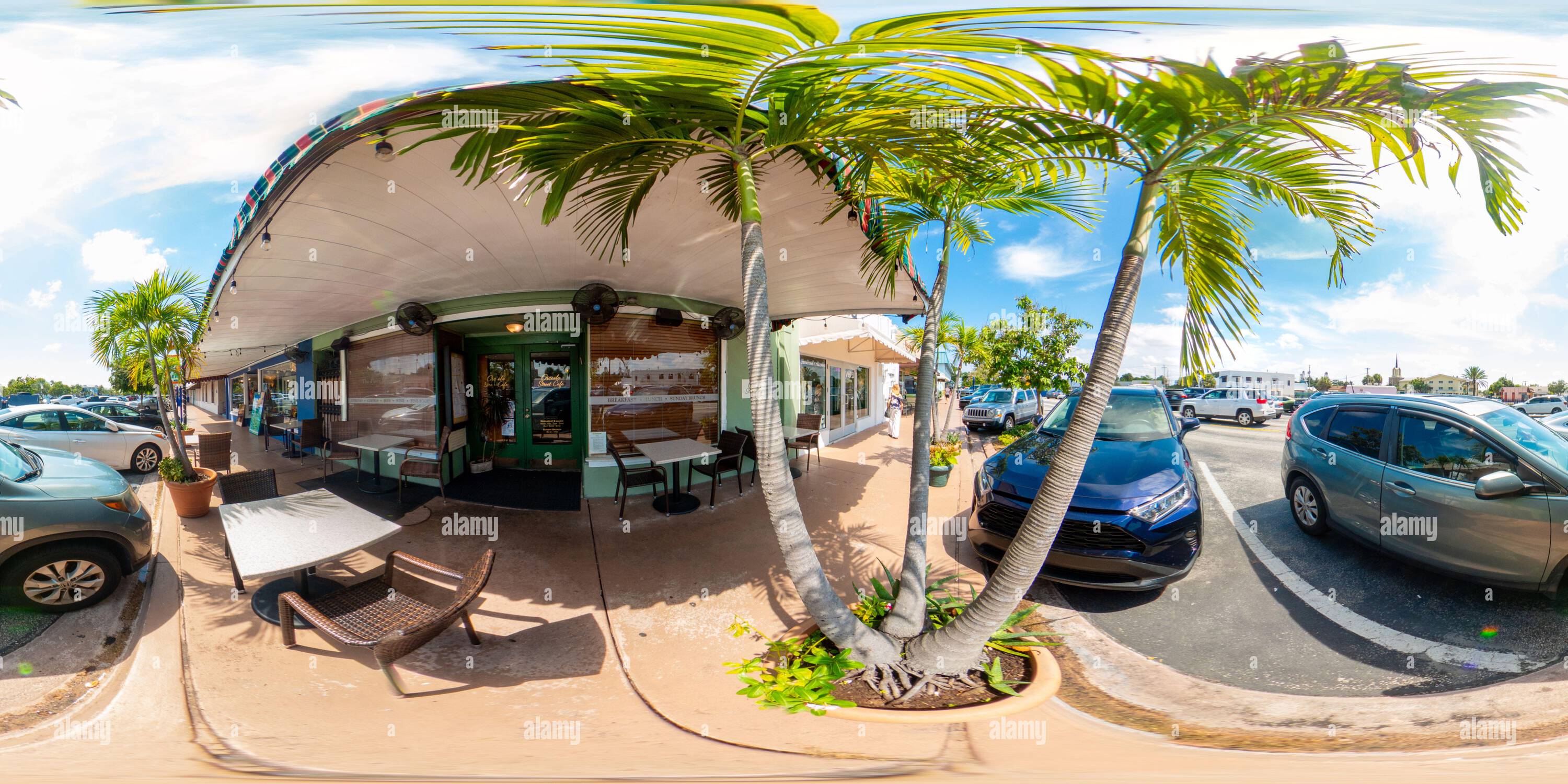360 degree panoramic view of Stuart, FL, USA - July 1, 2023: 360 equirectangular vr photo of Osceola Streeet Cafe