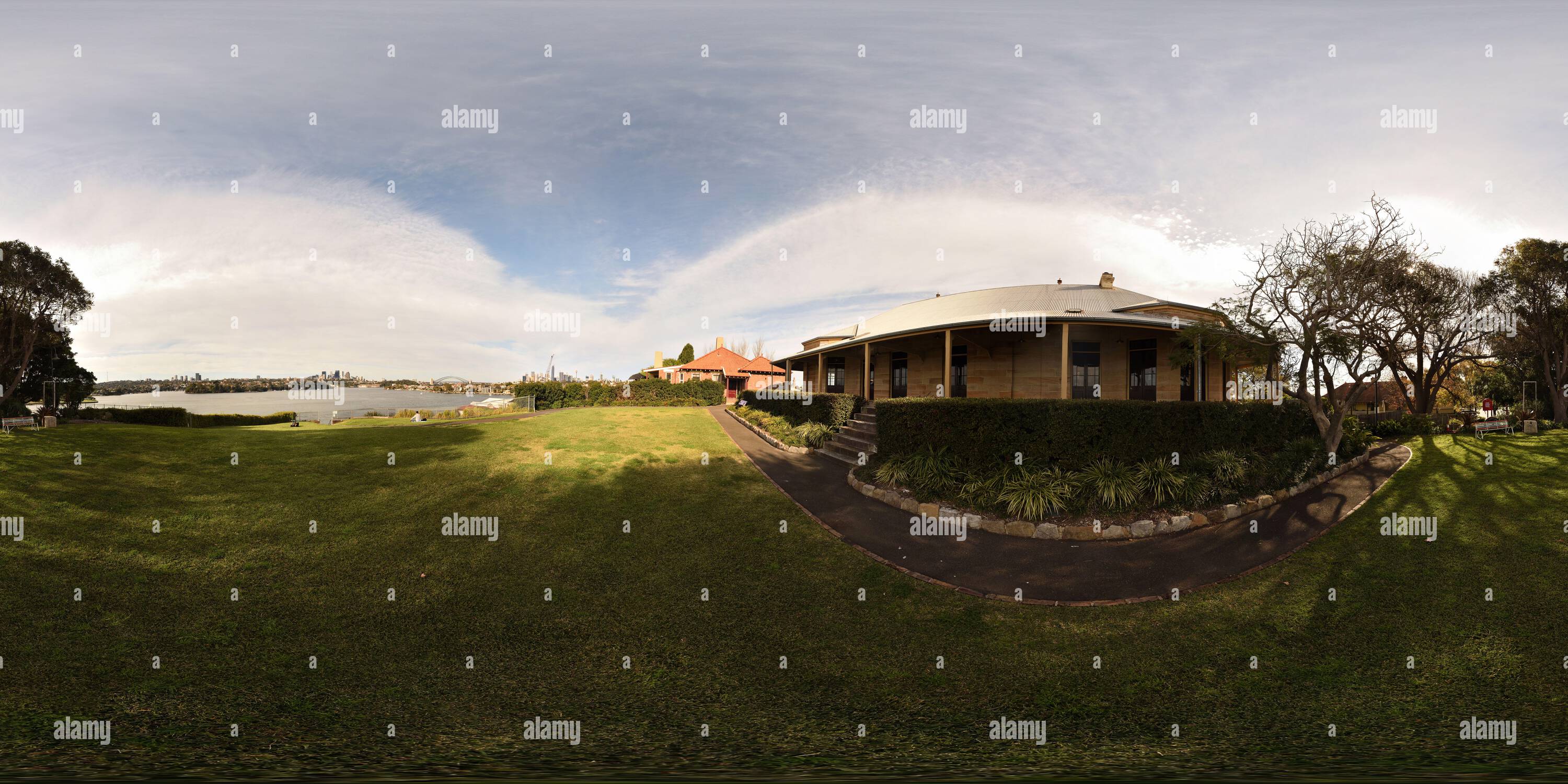 360 degree panoramic view of 360° Panorama of Colonial Biloela House, on Cockatoo Island with view of Sydney Harbour, Australia