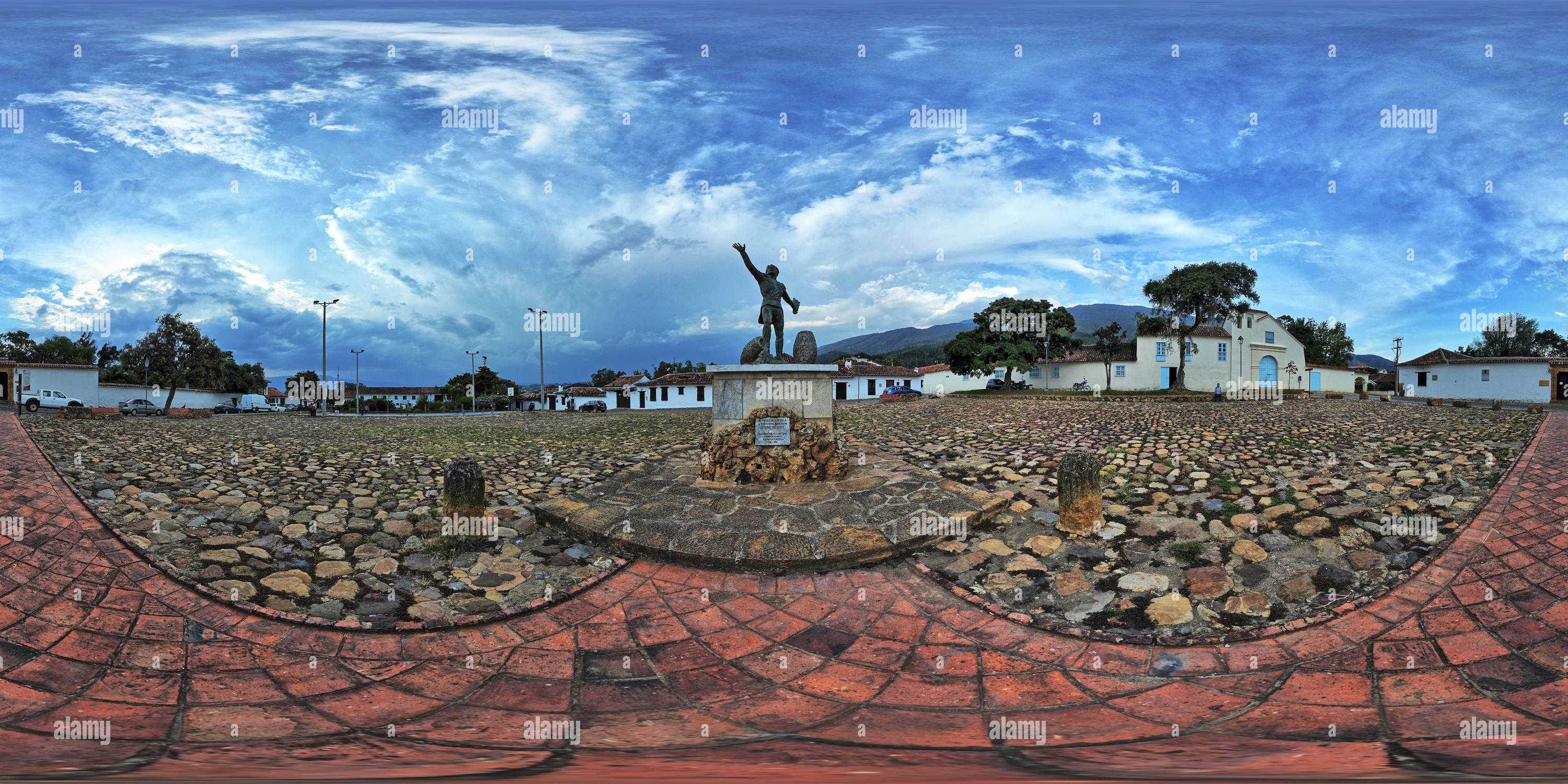 360 degree panoramic view of Antonio Ricaurte Square, Villa de Leyva, Boyaca, Colombia