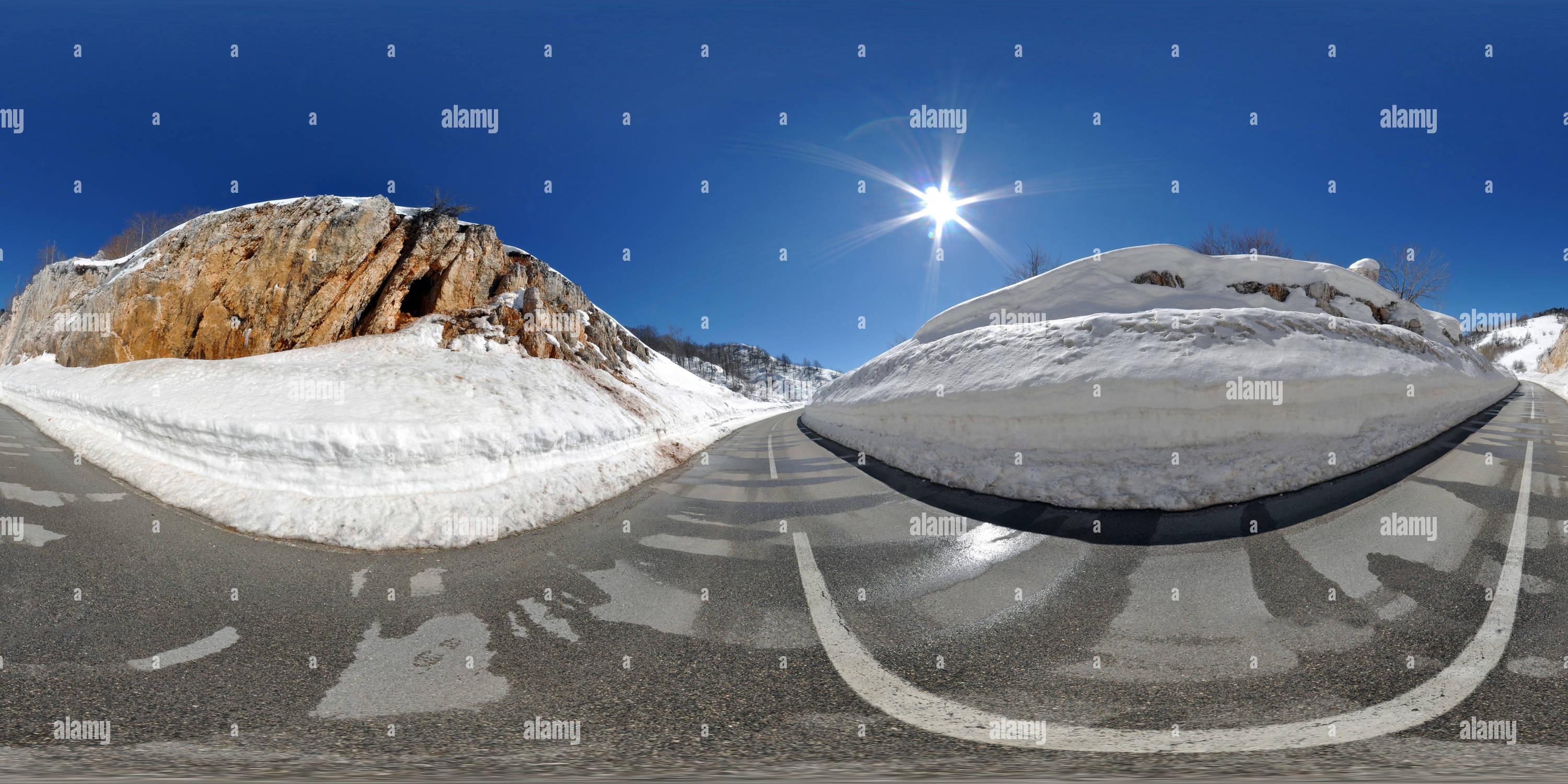 360 degree panoramic view of Snow - Road Savnik Zabljak In March