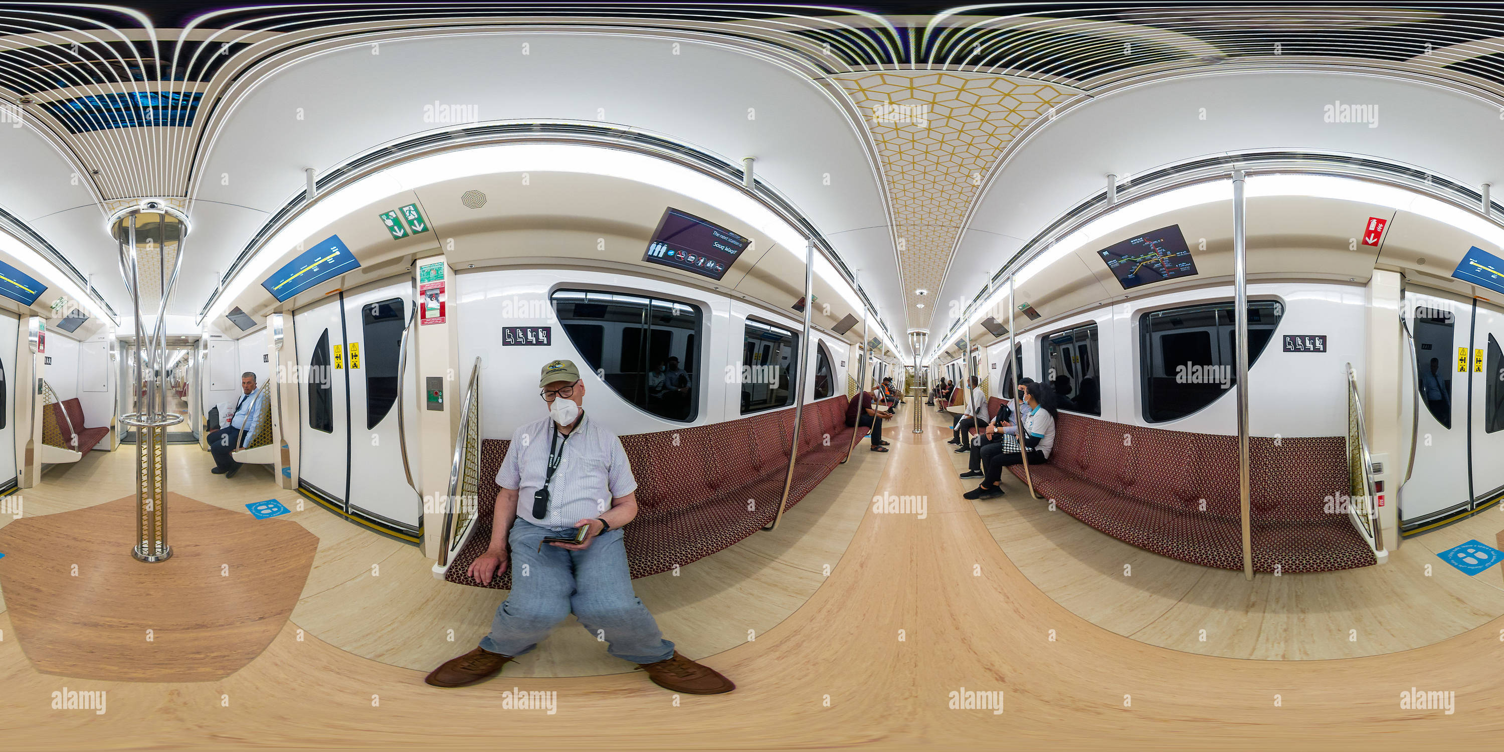 360 degree panoramic view of Qatar Doha  Metro Train Red Line  to Hamad International Airport DOH