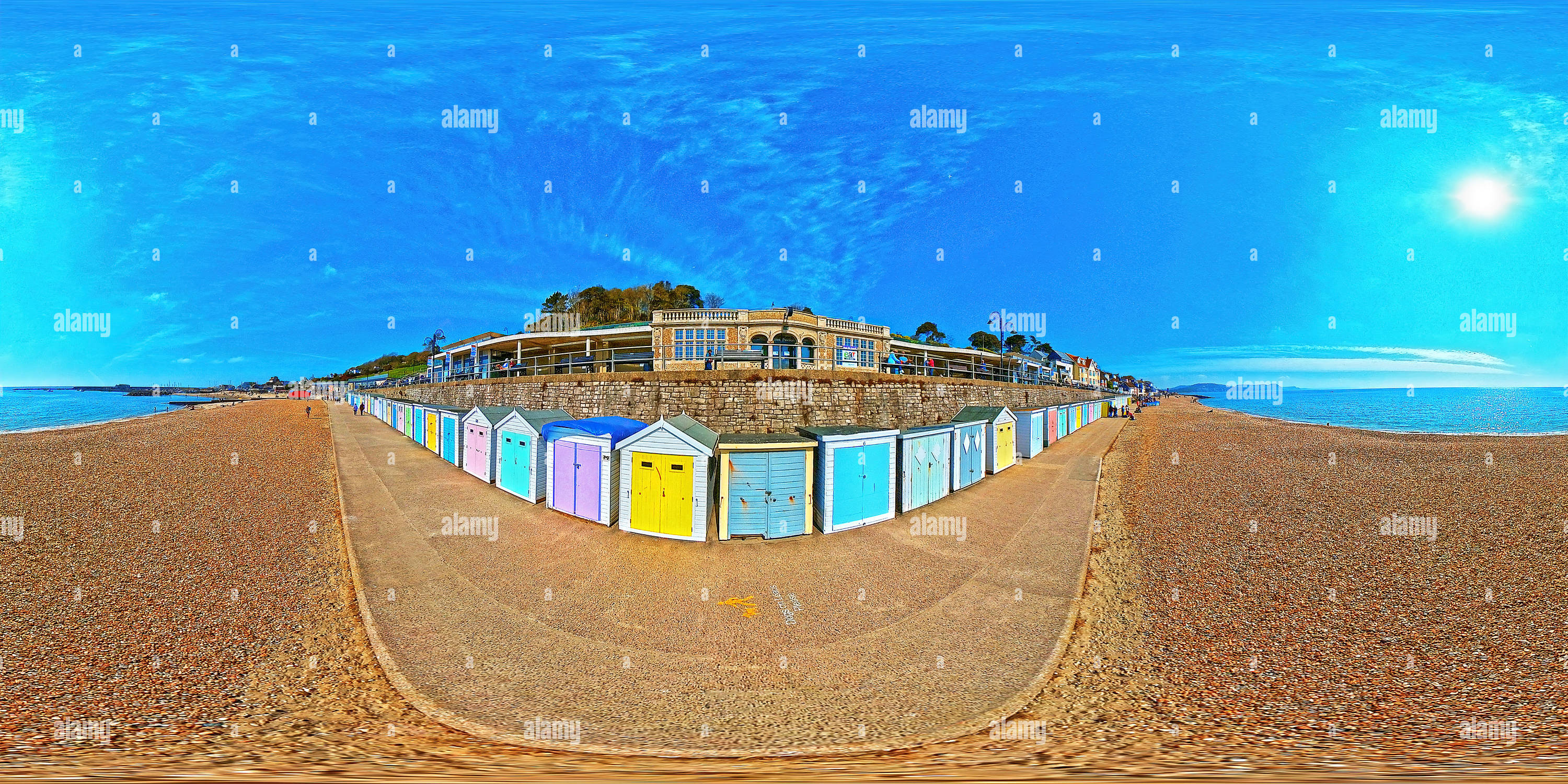 360° view of The Jubilee Pavilion and Beach huts on the Lyme Regis