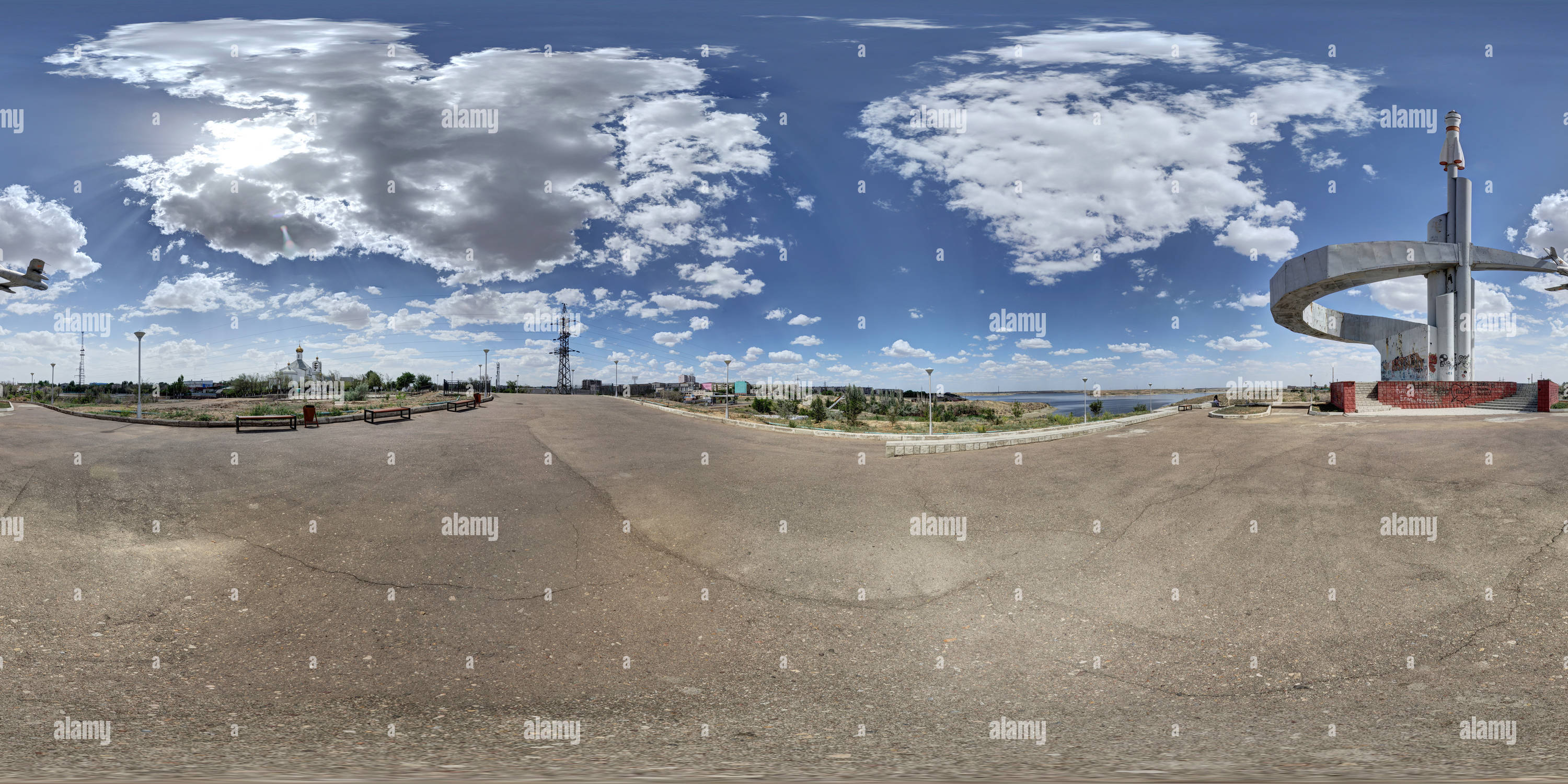 360 degree panoramic view of Monument to Conquerors of Space, Zhezkazgan
