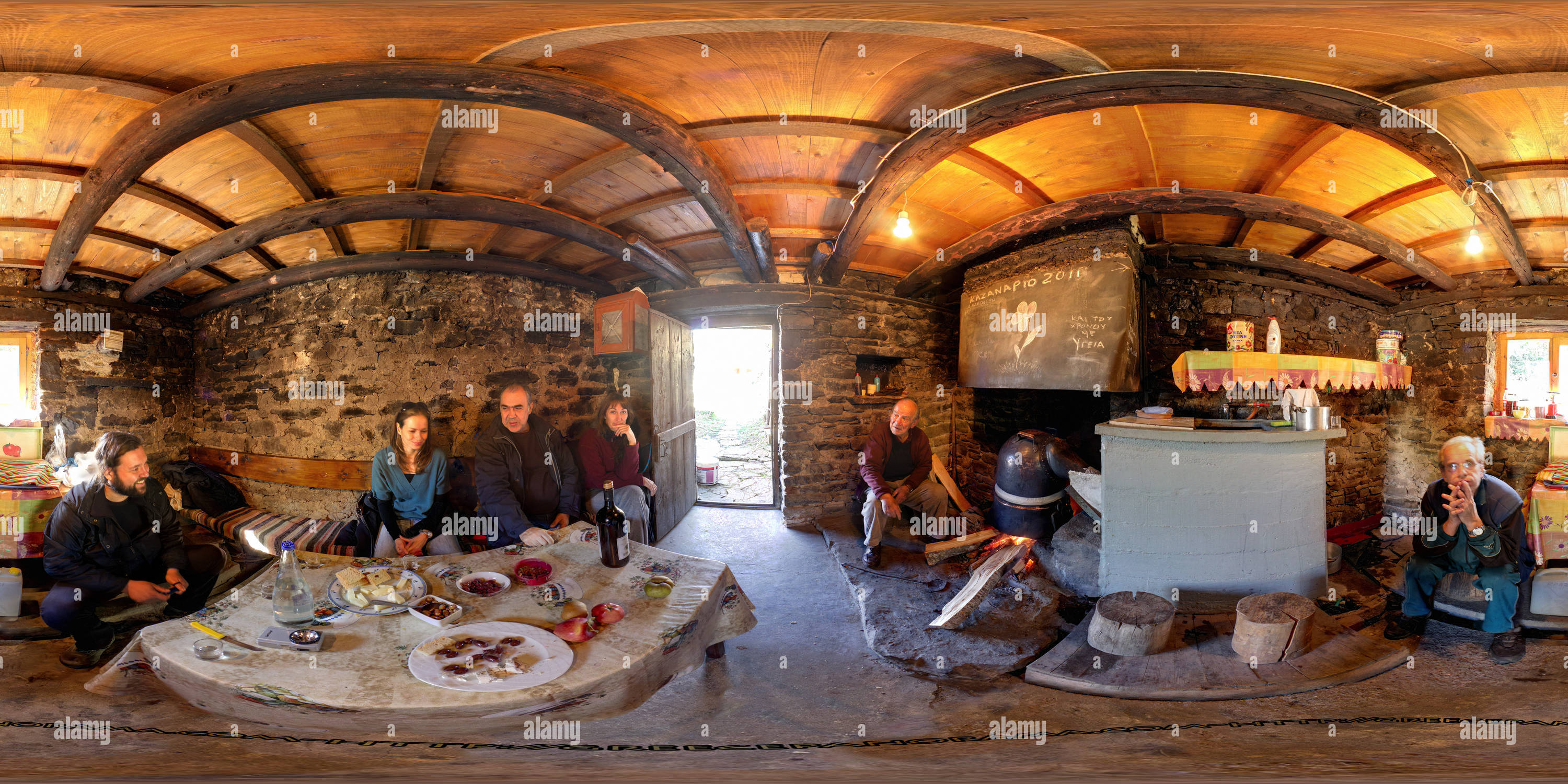 360 degree panoramic view of Raki distilling at Kastaniani Greece