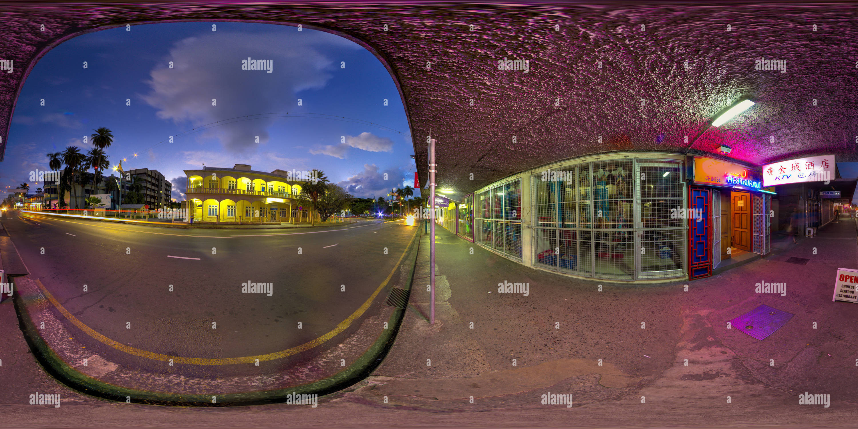 360 degree panoramic view of On Victoria Parade in front of the Mercury House in Suva