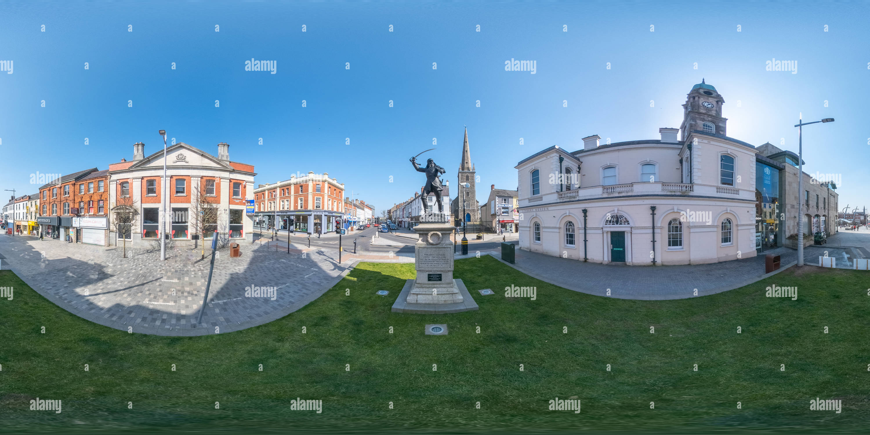 360 degree panoramic view of Lisburn Market Square - John Nicholson Statue beside the Irish Linen Centre &amp; Lisburn Museum