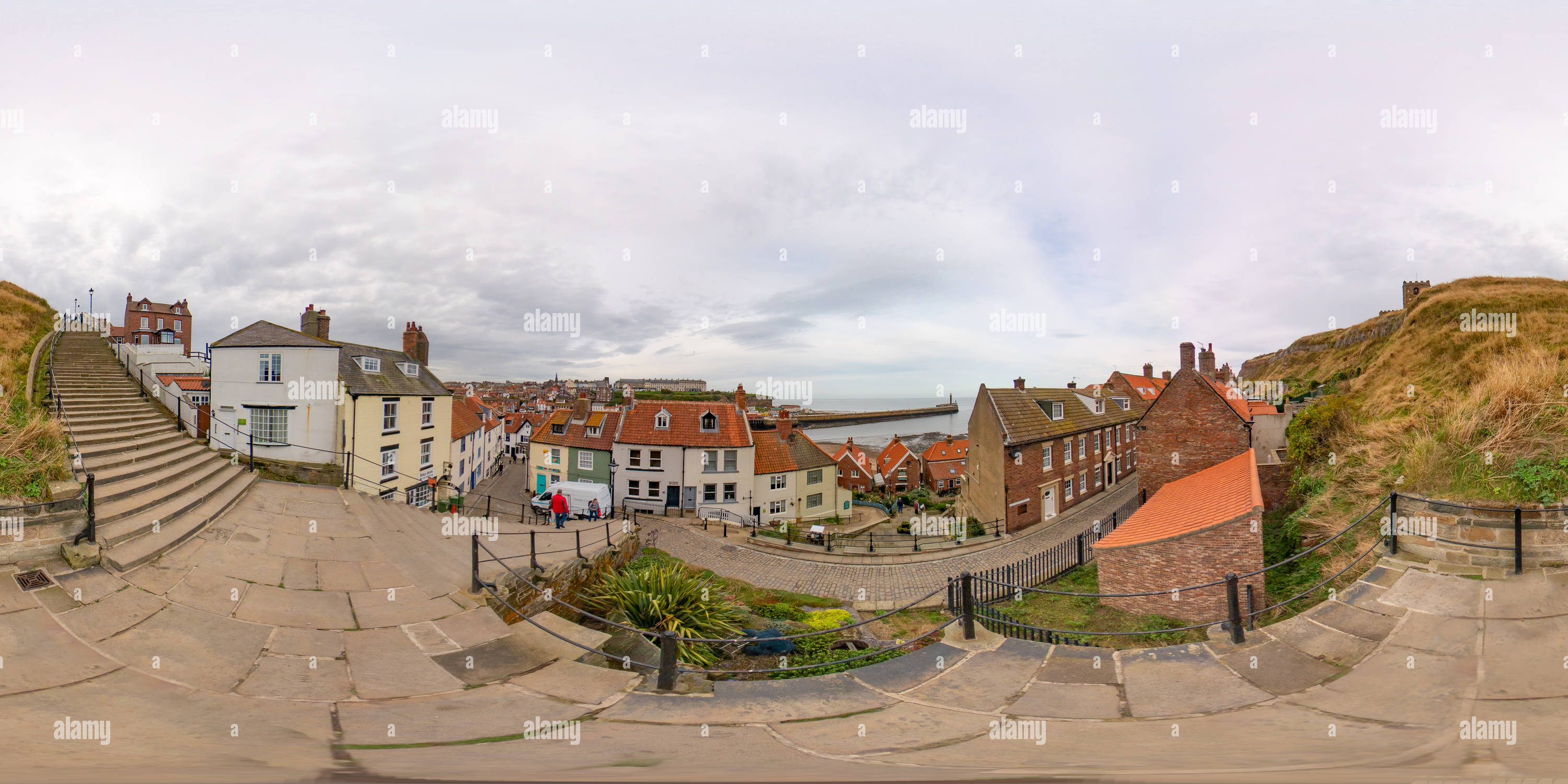 360° view of Whitby harbour, North Yorkshire captured from 199 steps ...