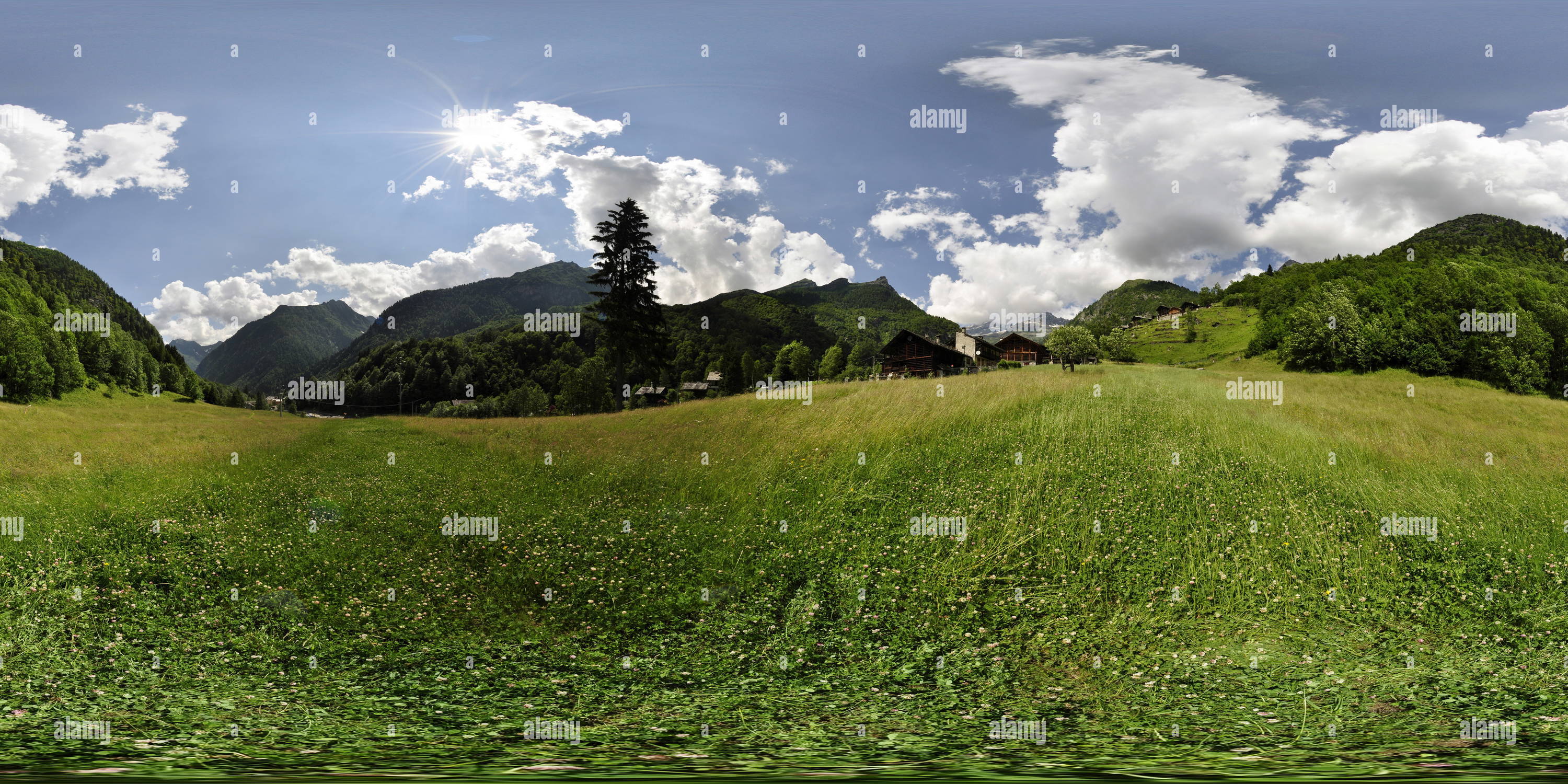 360 degree panoramic view of Walser houses, Alagna Valsesia