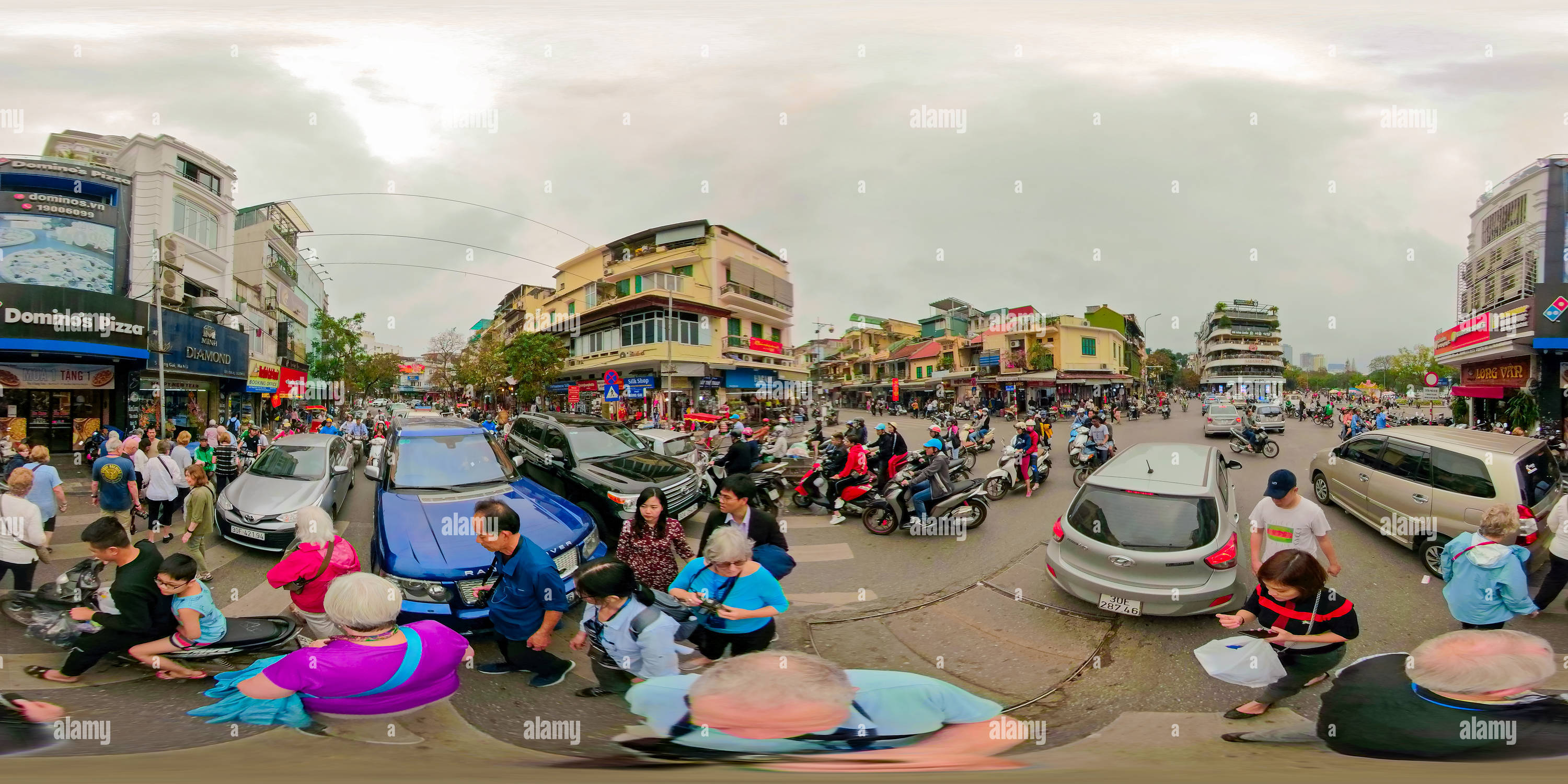 360 degree panoramic view of Street Crossing, Old Quarter, Hanoi, Vietnam