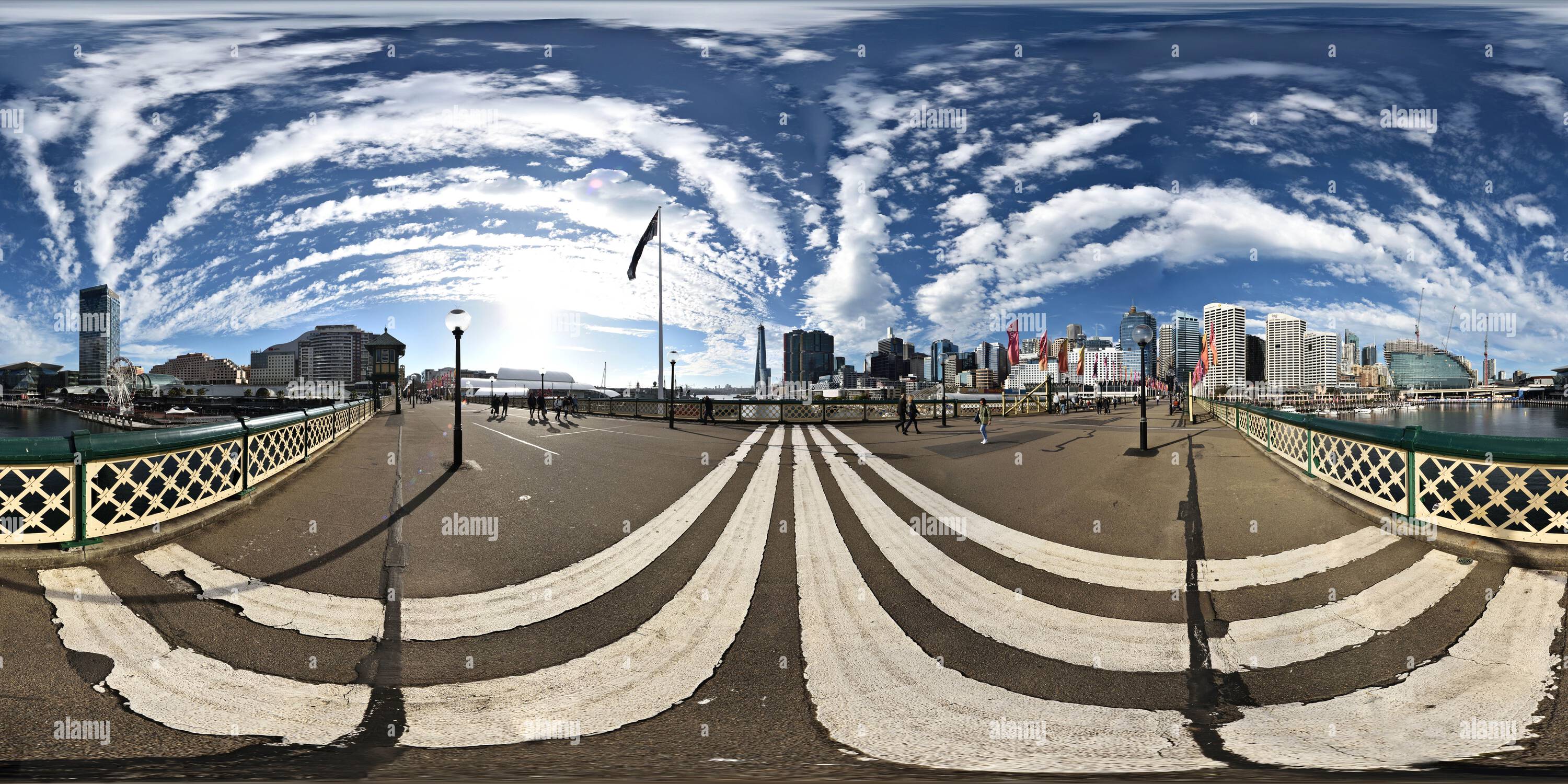 360 degree panoramic view of Pyrmont Bridge, heritage swing bridge crossing Cockle Bay, Sydney Australia