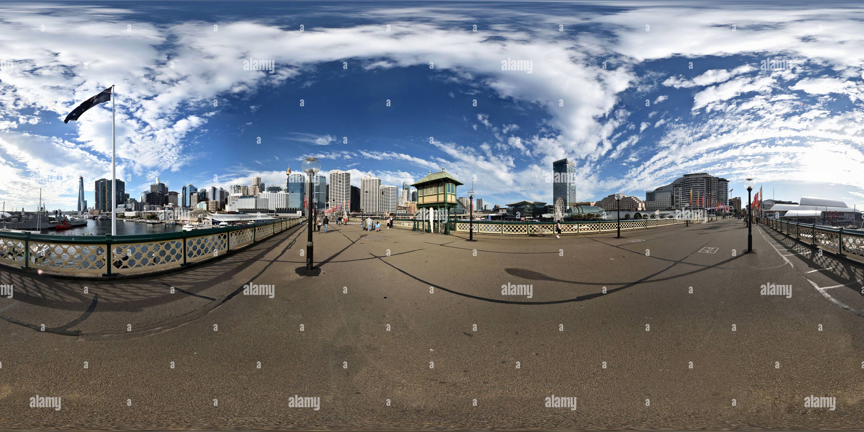 360 degree panoramic view of The elevated Control Cab on the swing span of Pyrmont Bridge, Darling Harbour, Sydney