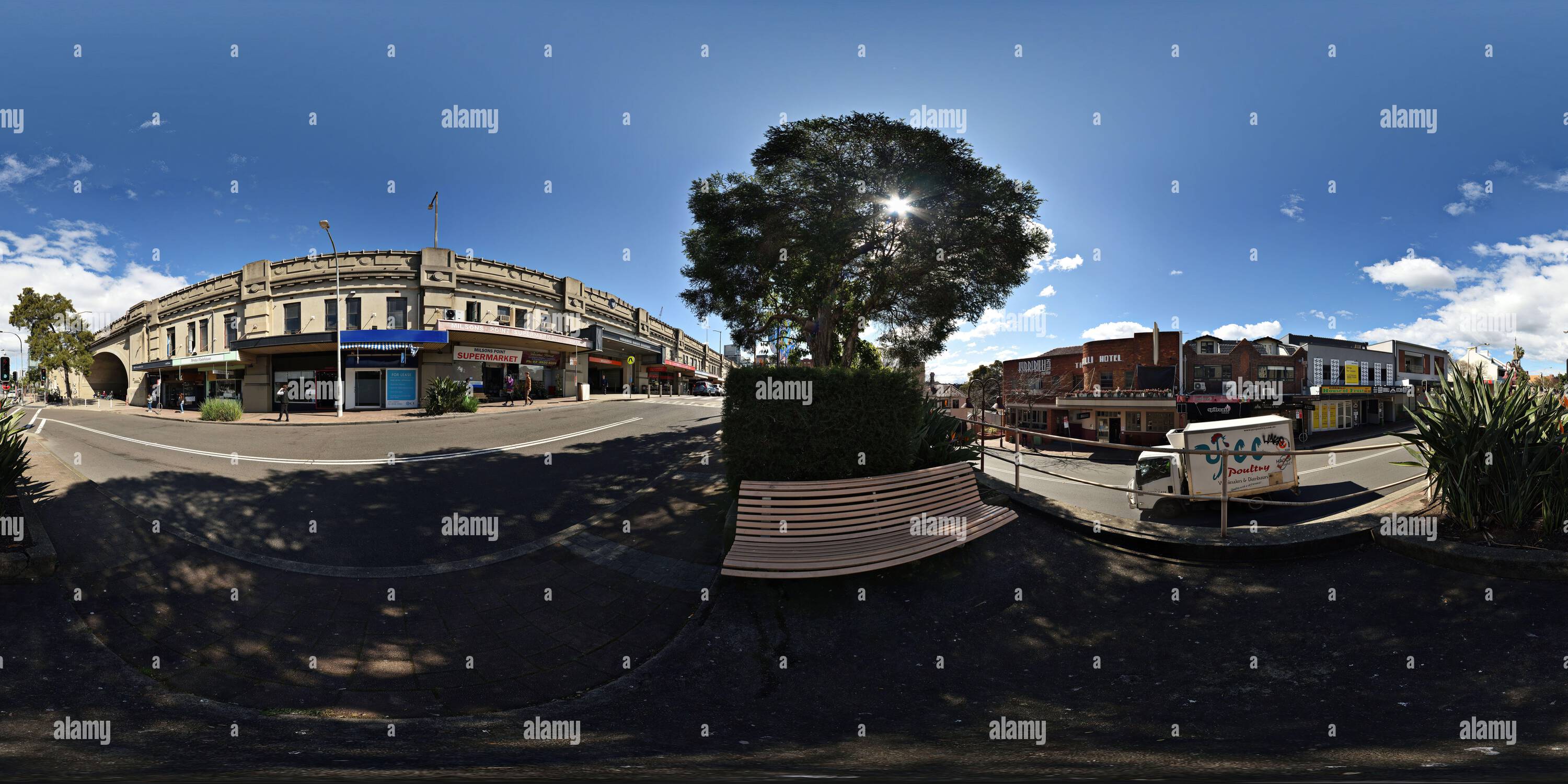 360° view of Milsons Point Station, Sydney Harbour Bridge and The Kirribilli Hotel, North Sydney