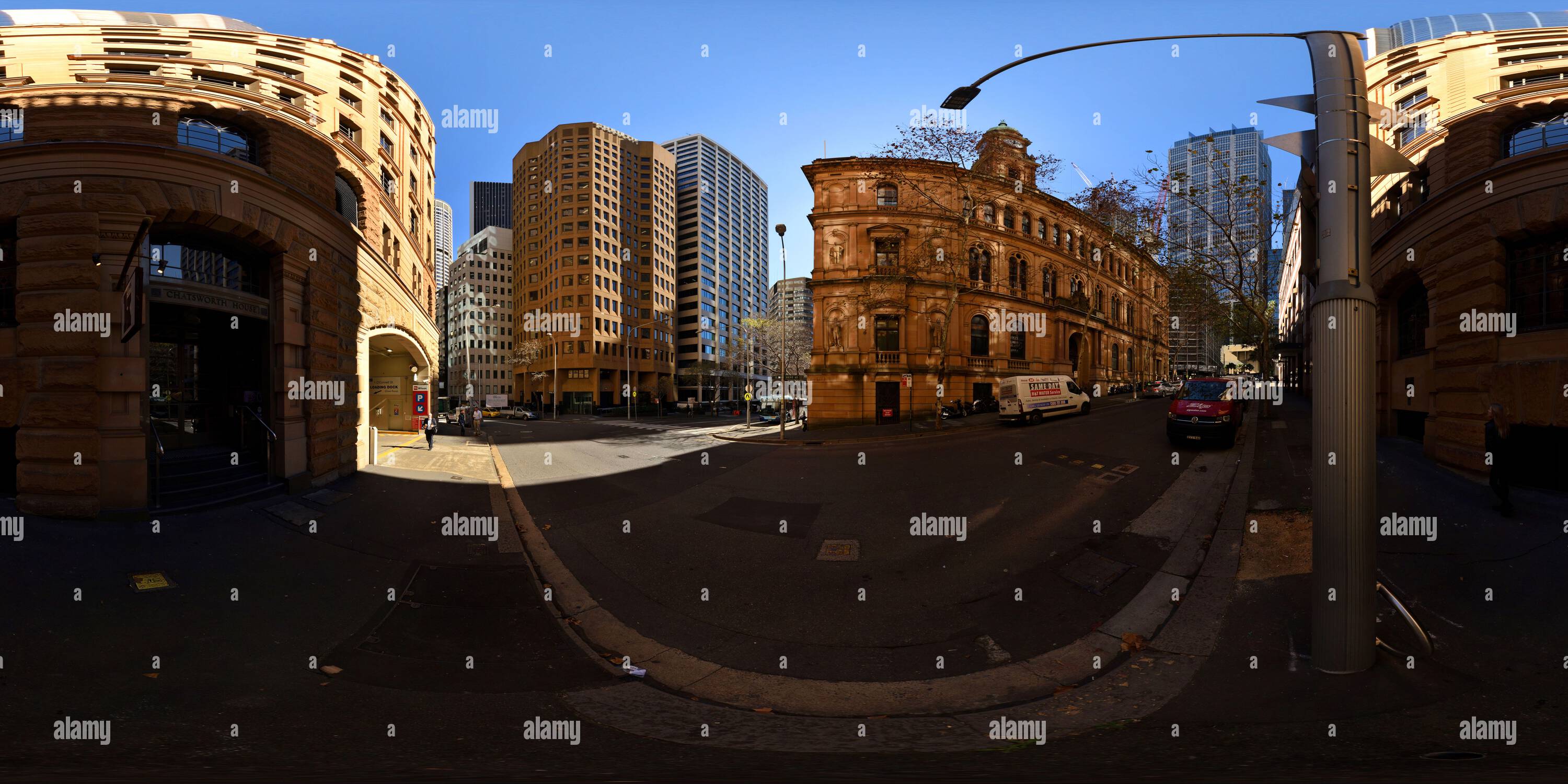 360 degree panoramic view of 360° panorama of the Victorian Renaissance Revival, Department of Lands building City CBD, from Bent Street near Gresham st, Sydney, Australia