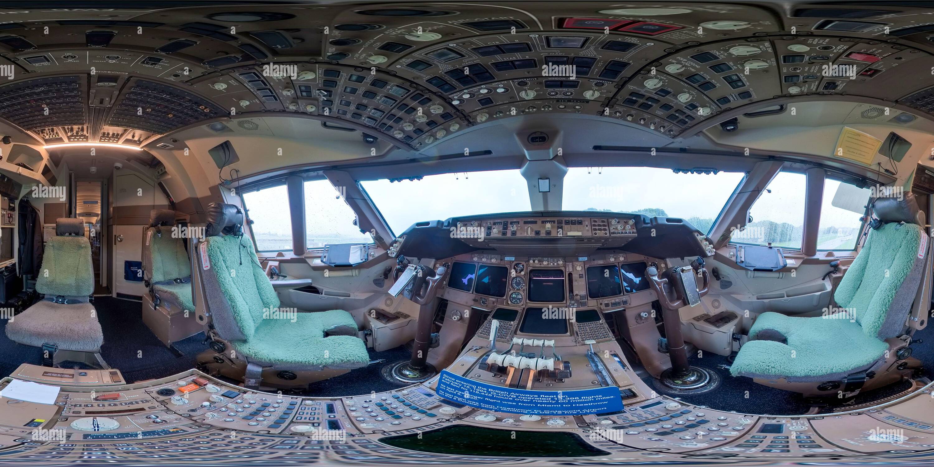 360 degree panoramic view of Boeing 747 G-CIVB Negus Cockpit Flight Controls