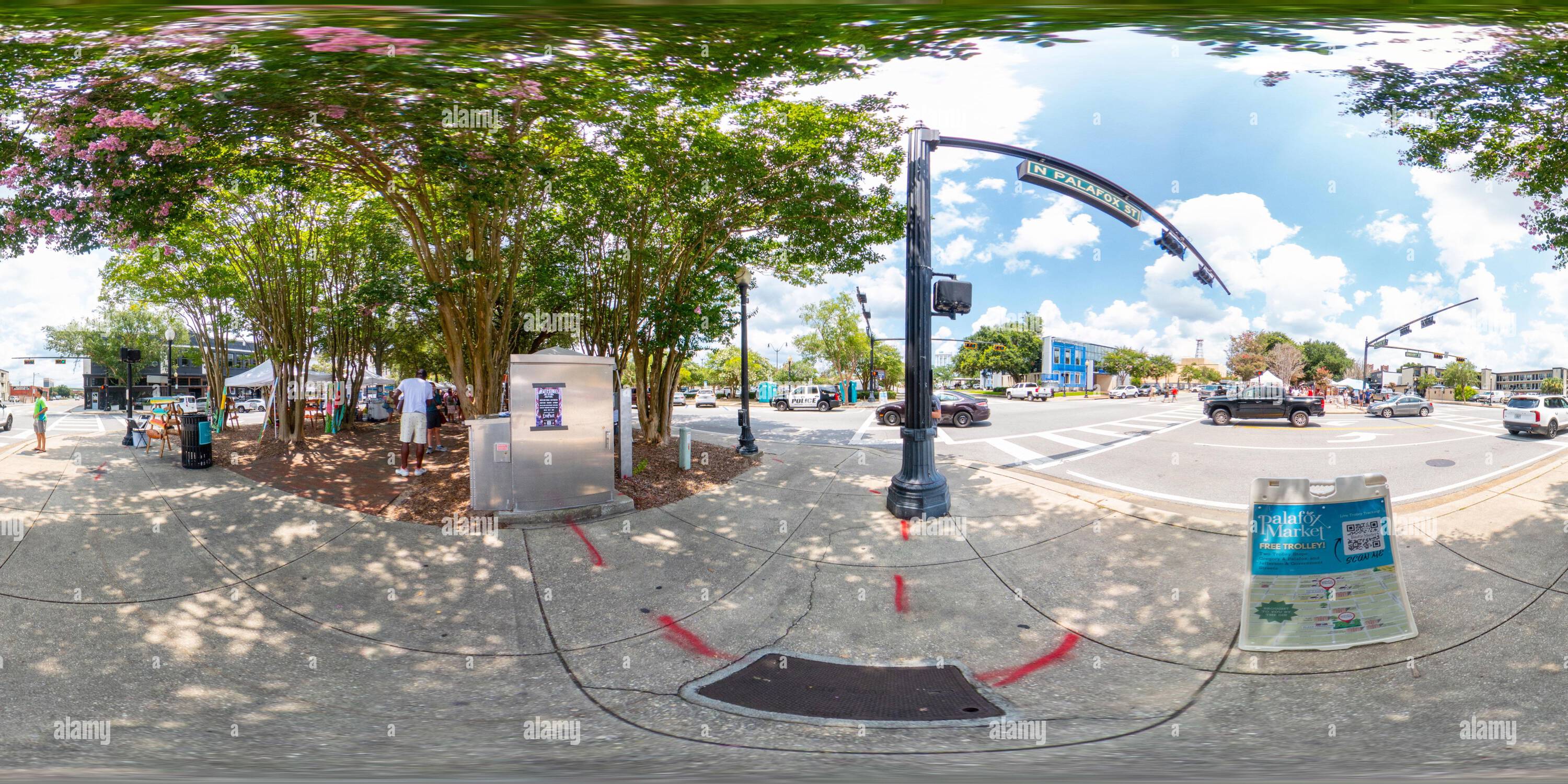 360 degree panoramic view of Pensacola, FL, USA - July 21, 2023: 360 equirectangular photo Sunday farmers market on Parafox