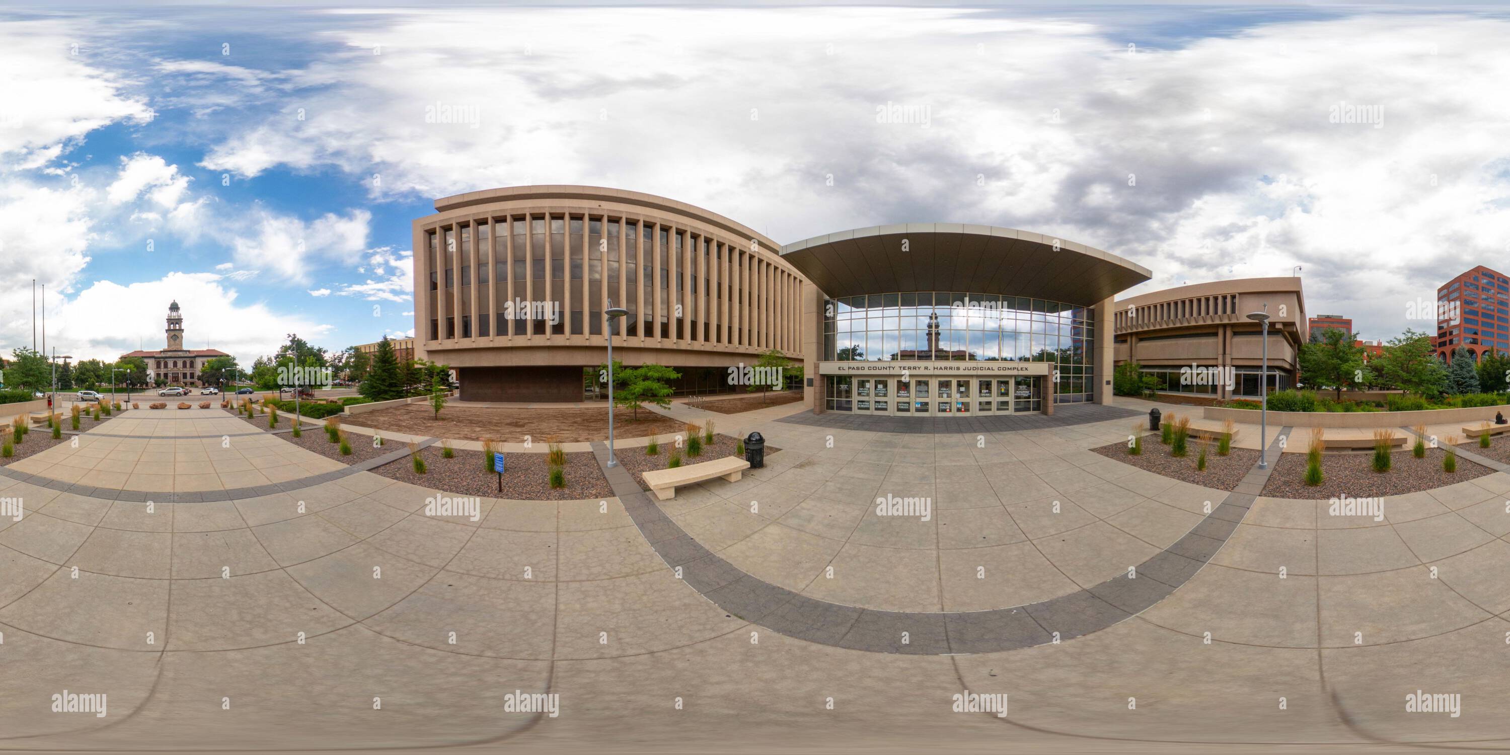 360 degree panoramic view of Colorado Springs, CO, USA - July 26, 2023: 360 photo of El Paso County Terry R Harris Judicial Complex Colorado Springs