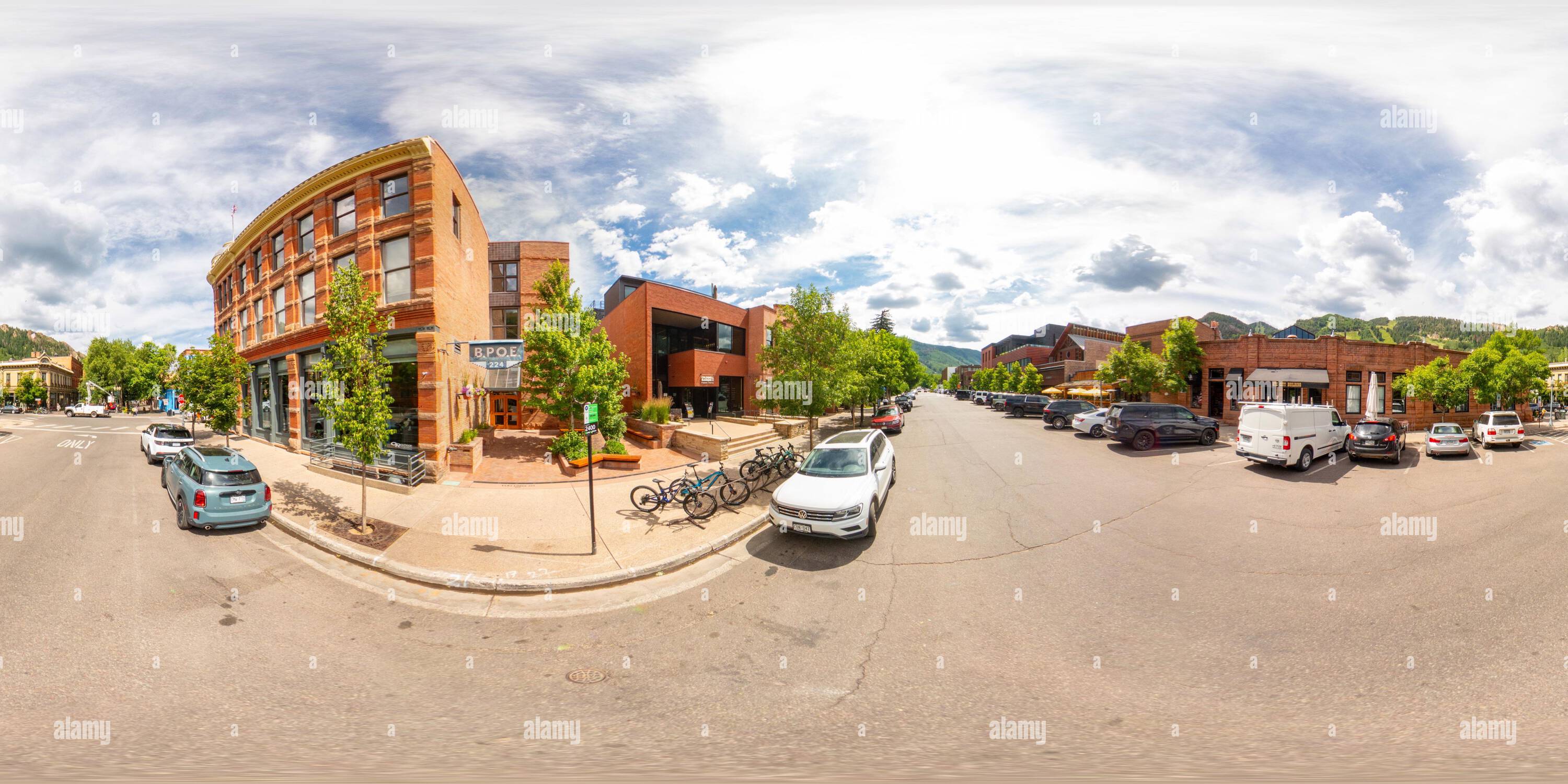 360 degree panoramic view of Aspen, CO, USA - July 27, 2023: 360 equirectangular panorama Elks Lodge 224 Aspen Colorado