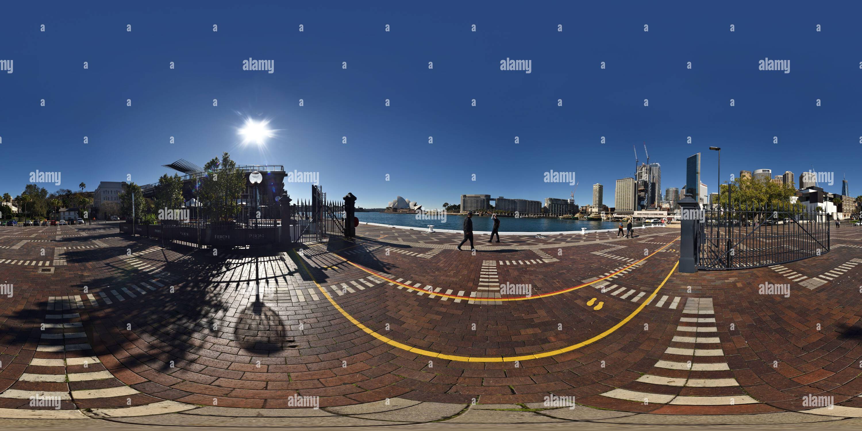 360° view of The Heavy Iron Gates, brick paving marked with zebra ...